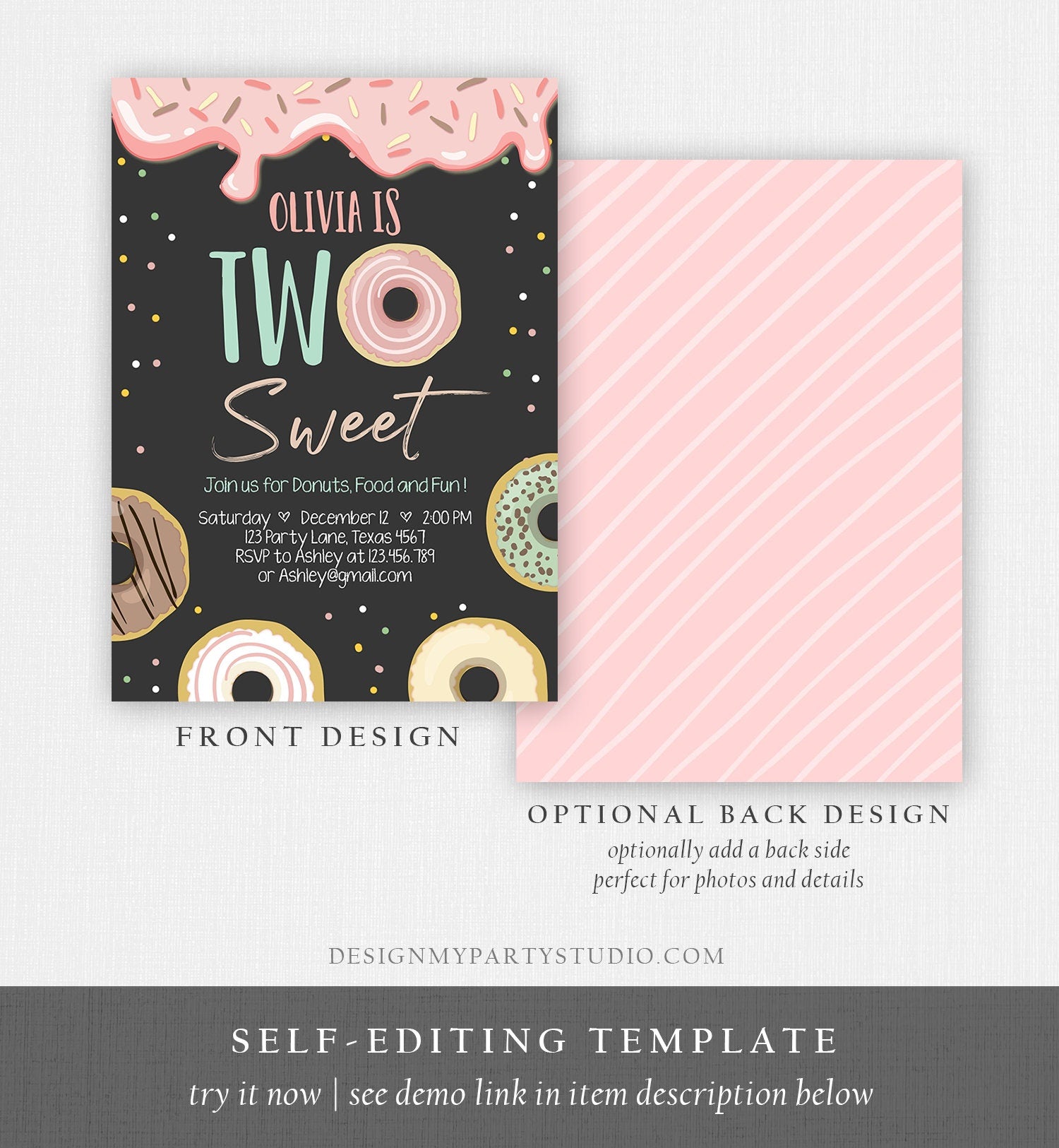 Editable Donut Two Sweet Birthday Invitation Second Birthday Party Pink Girl Doughnut 2nd Digital Download Corjl Template Printable 0320