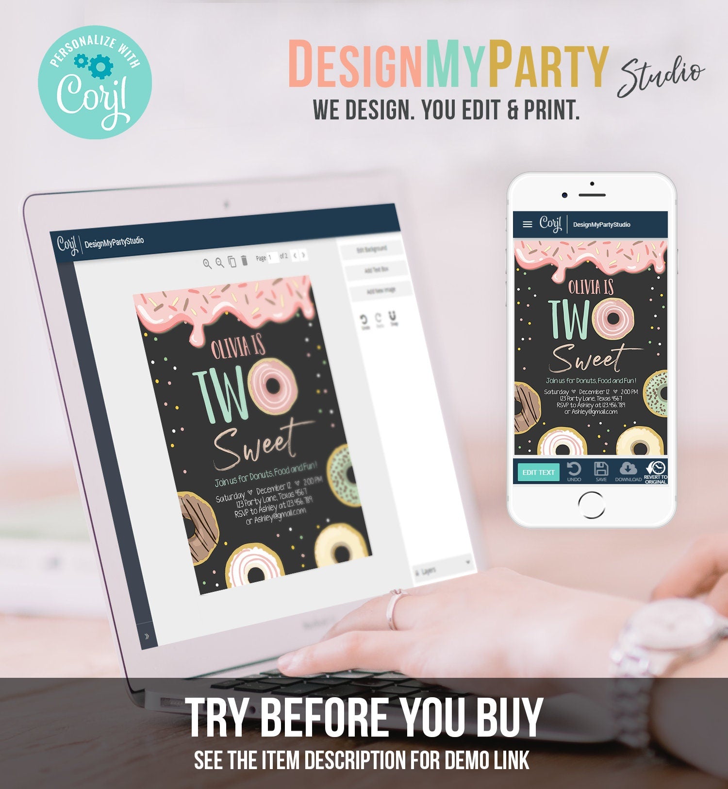 Editable Donut Two Sweet Birthday Invitation Second Birthday Party Pink Girl Doughnut 2nd Digital Download Corjl Template Printable 0320