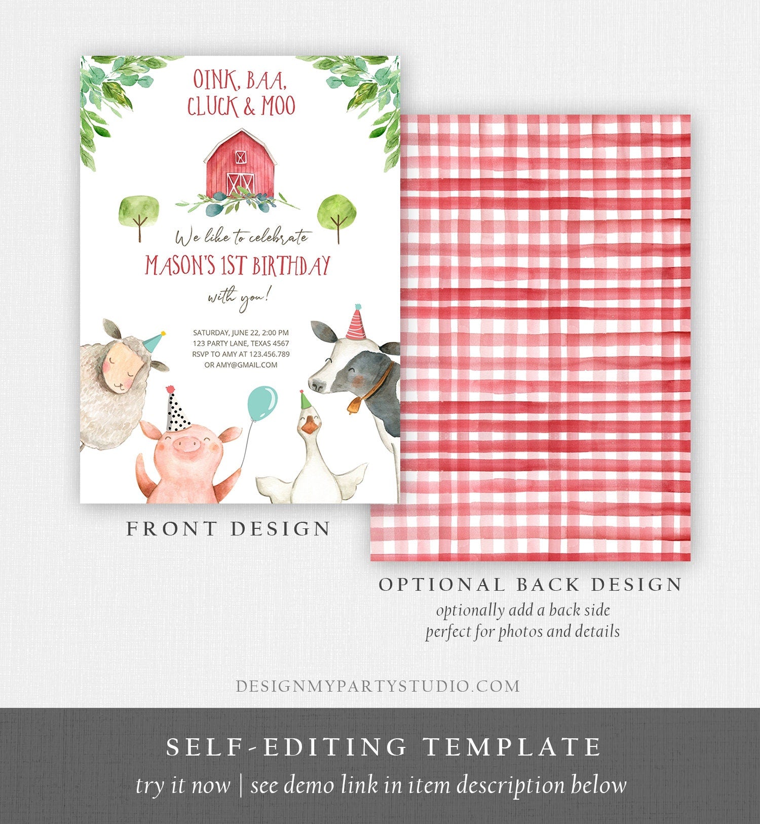 Editable Farm Animals Birthday Invitation Boy Party Animals Red Barn Barnyard Party Evite Digital Download Corjl Template Printable 0155