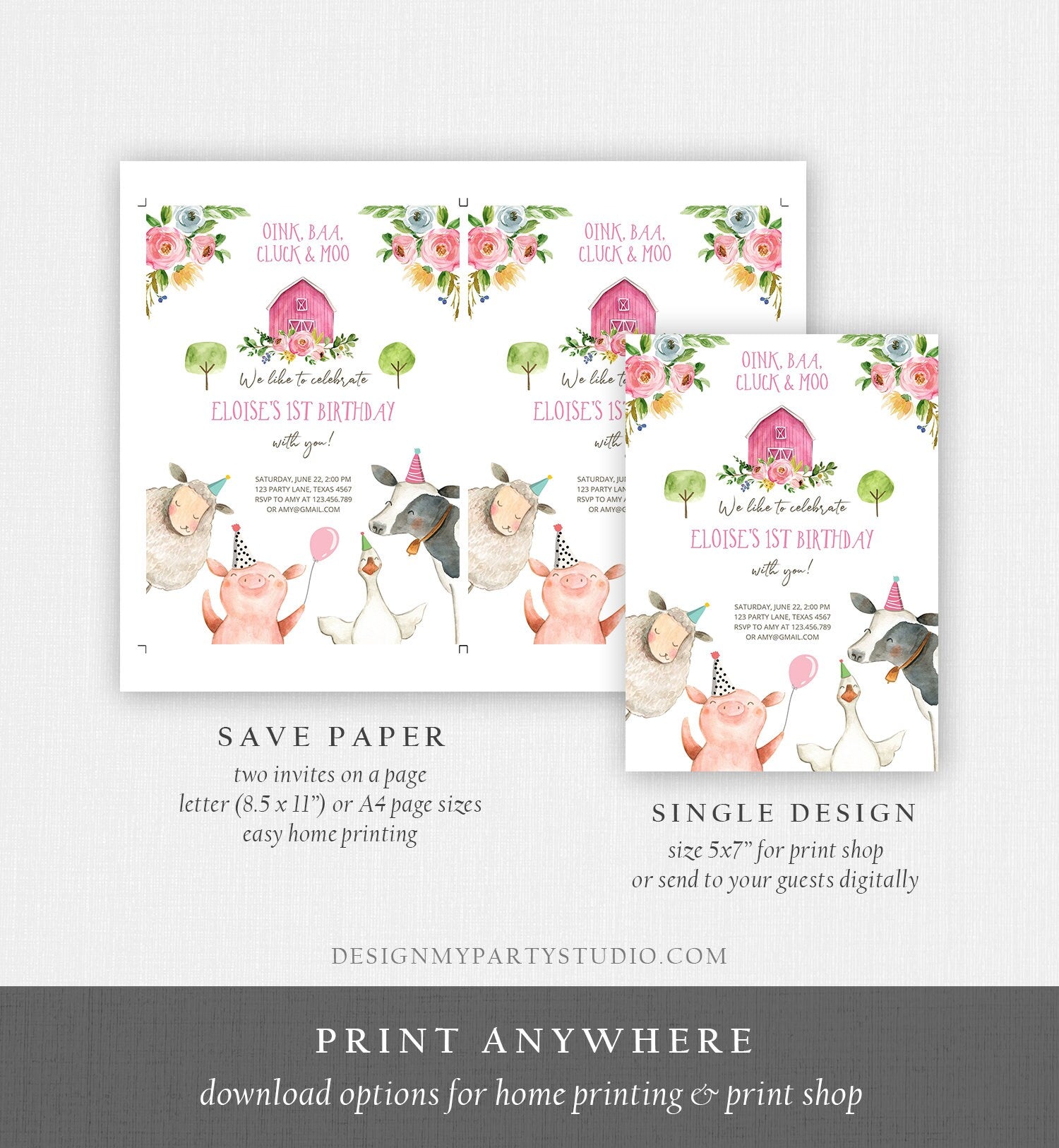 Editable Farm Birthday Invitation Girl Farm Animals Pink Floral Barnyard Party Download Printable Invitation Template Digital Corjl 0155