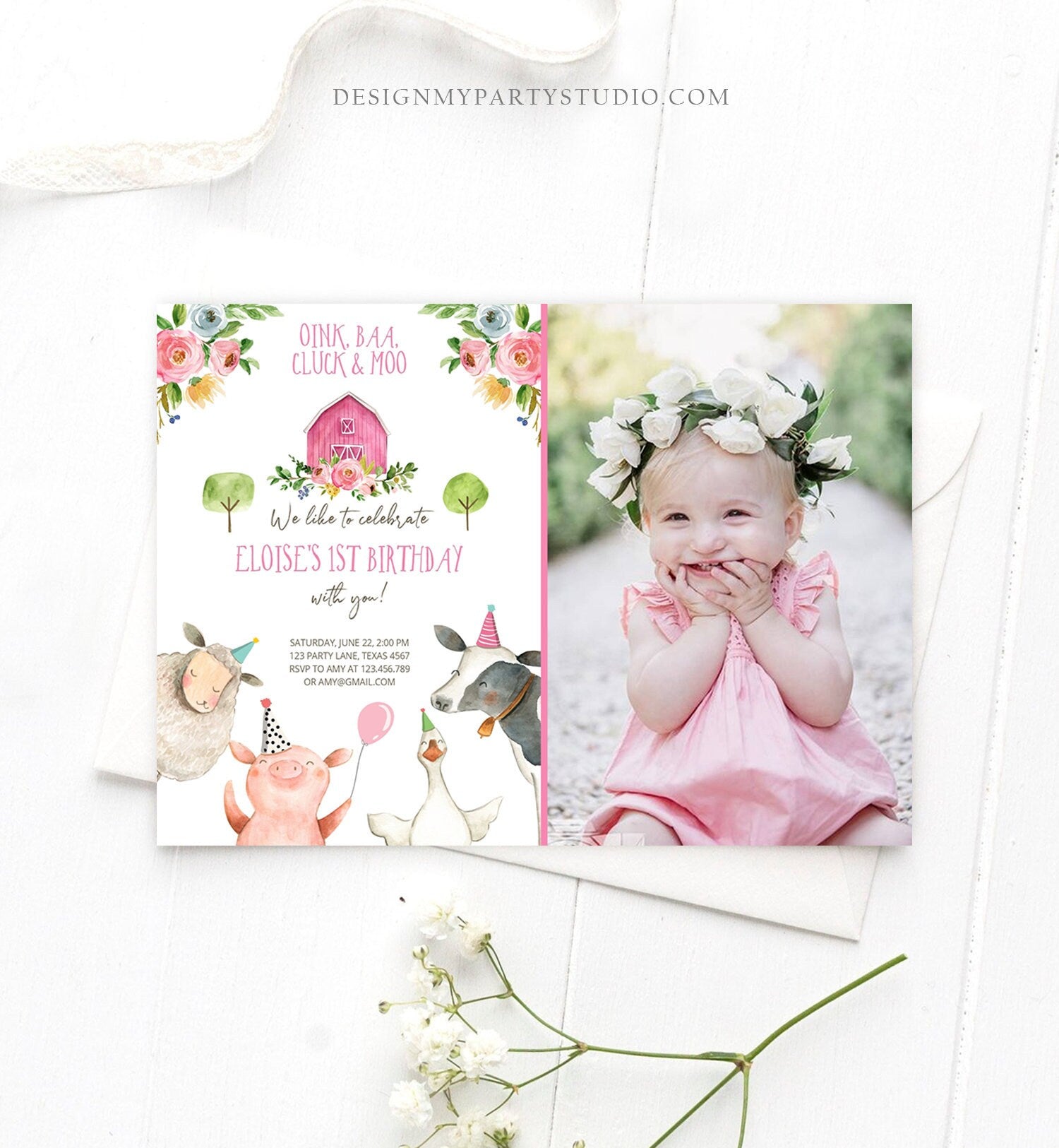 Editable Farm Birthday Invitation Girl Farm Animals Pink Floral Barnyard Party Animals Digital Download Corjl Template Printable 0155