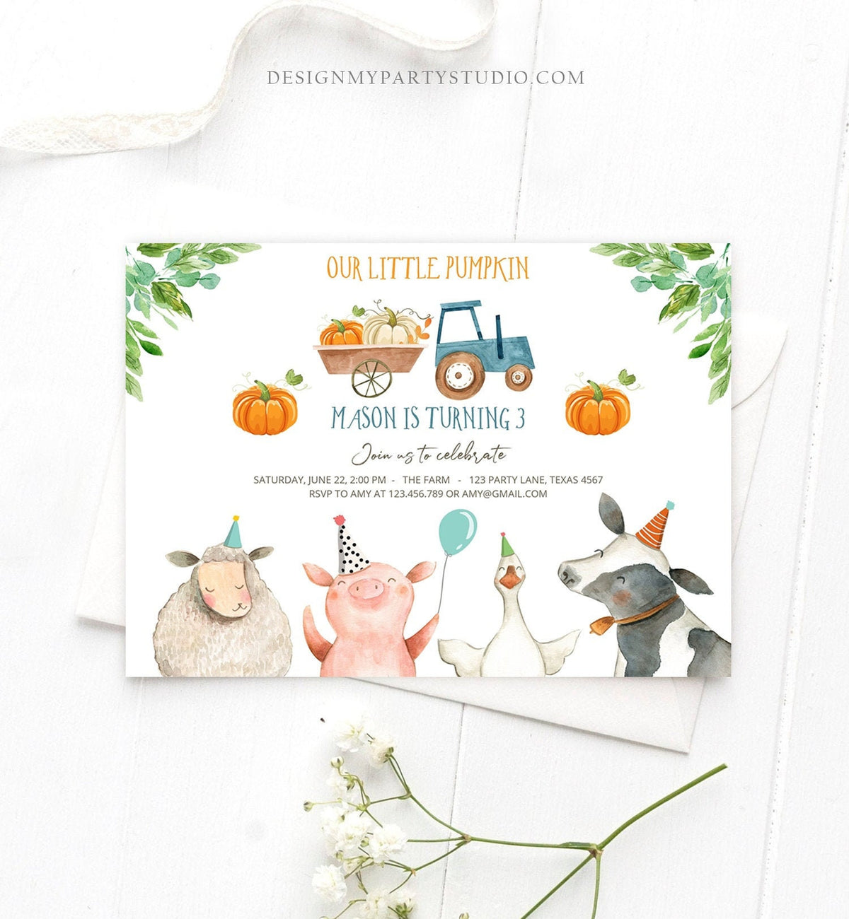 Editable Farm Birthday Invitation Pumpkin Boy Farm Animals Boy Barnyard Fall Birthday Download Printable Invitation Template Digital 0155