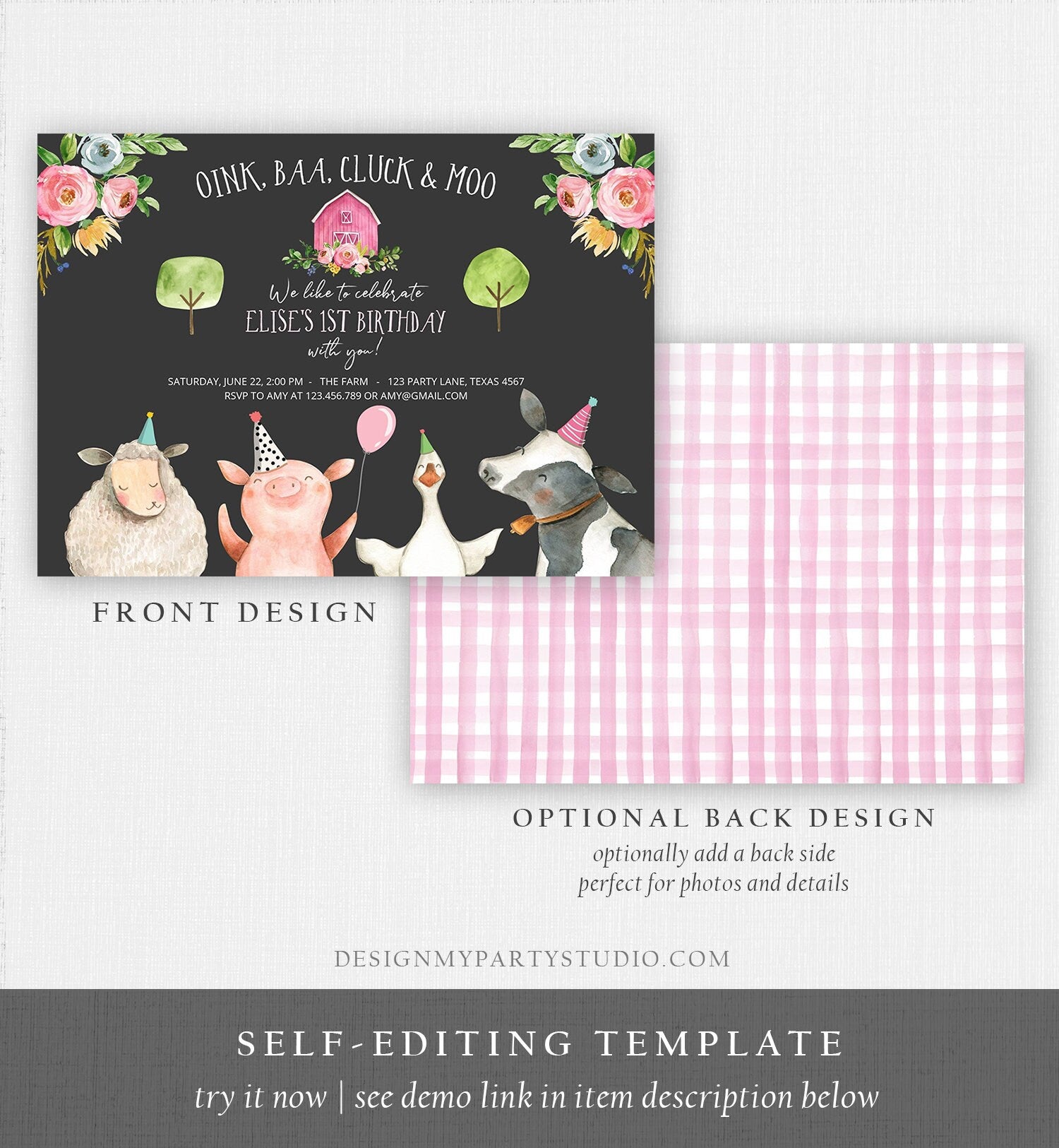 Editable Farm Birthday Invitation Girl Farm Animals Pink Floral Barnyard Party Download Printable Invitation Template Digital Corjl 0155