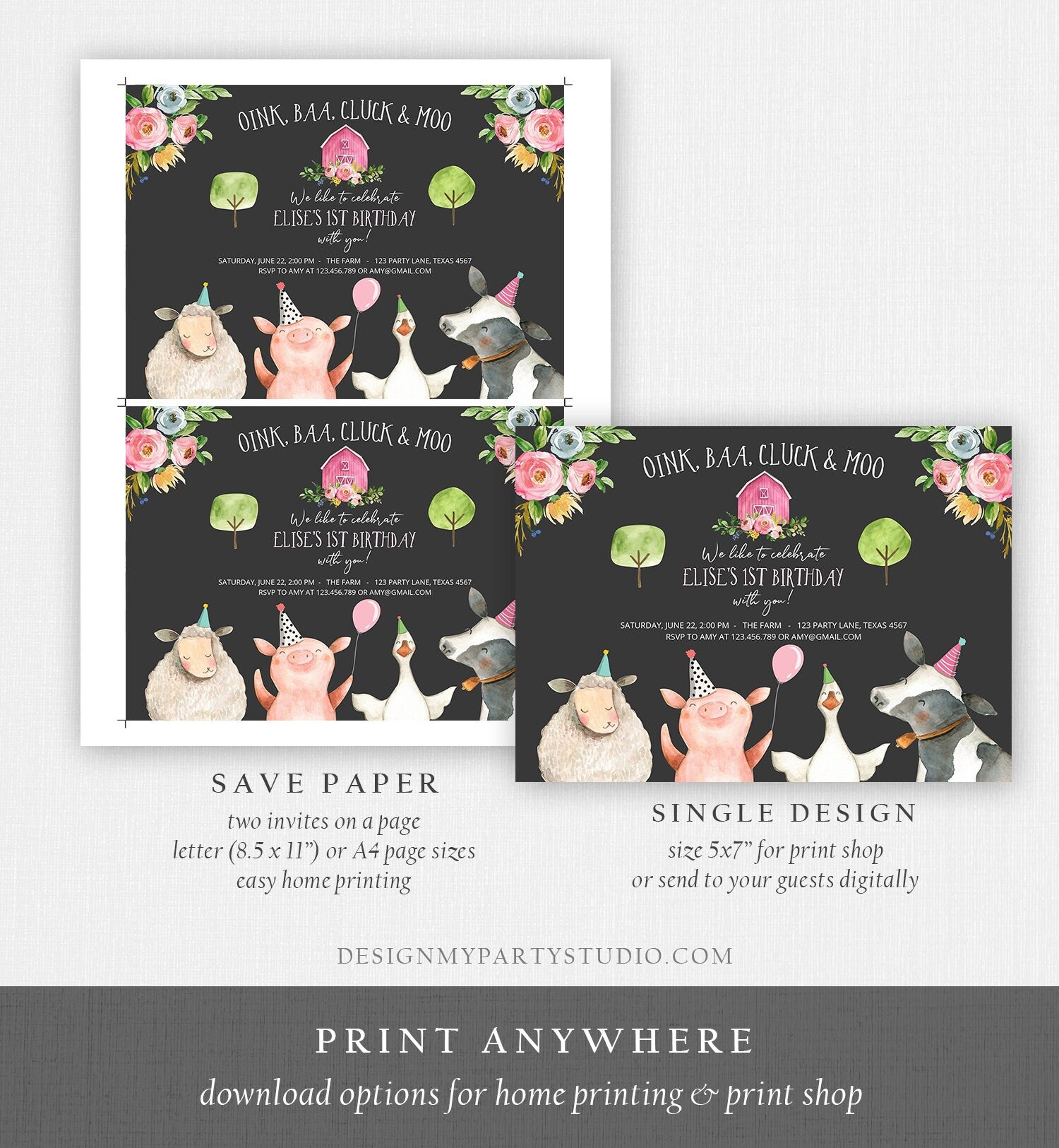 Editable Farm Birthday Invitation Girl Farm Animals Pink Floral Barnyard Party Download Printable Invitation Template Digital Corjl 0155