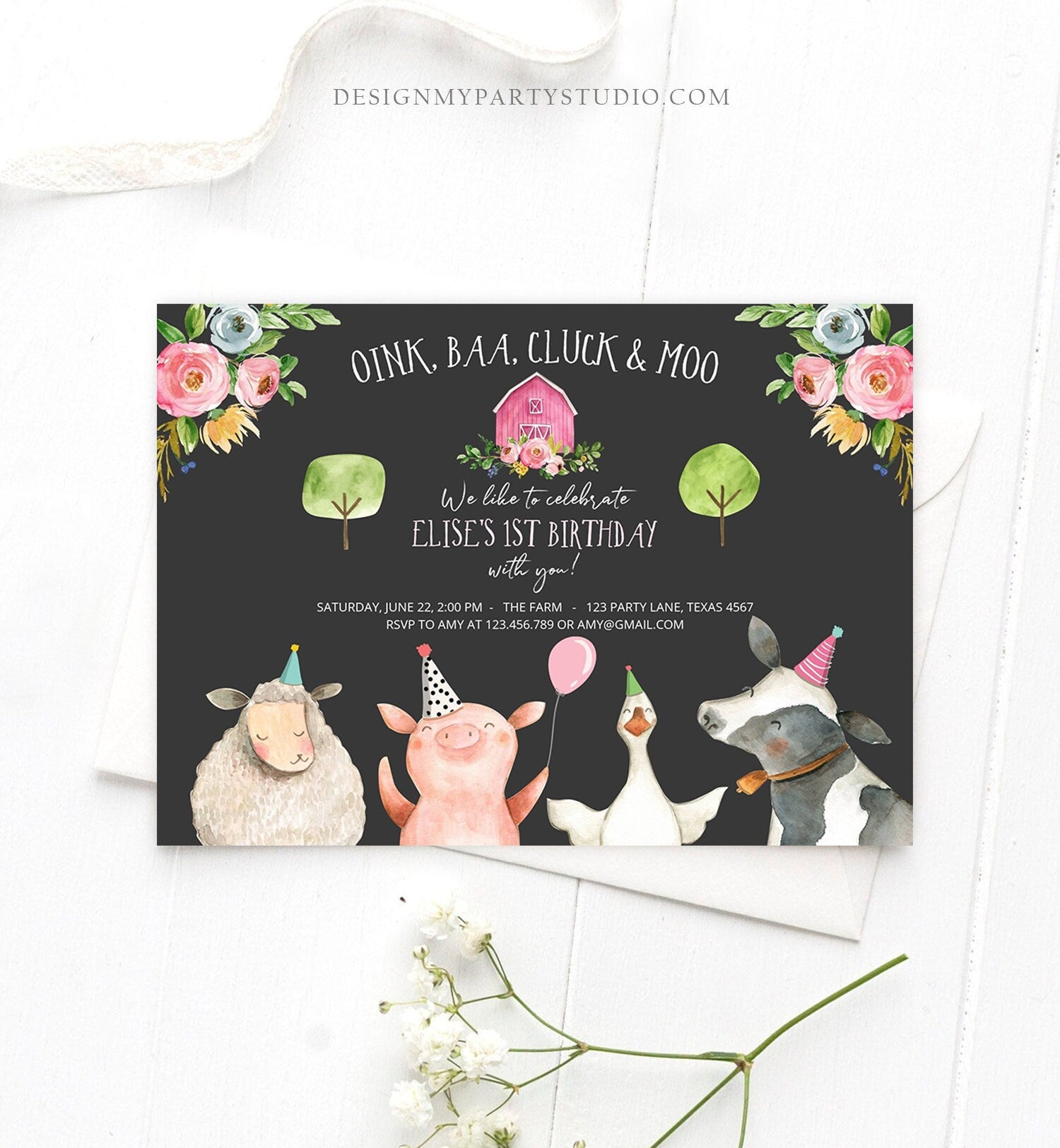 Editable Farm Birthday Invitation Girl Farm Animals Pink Floral Barnyard Party Download Printable Invitation Template Digital Corjl 0155