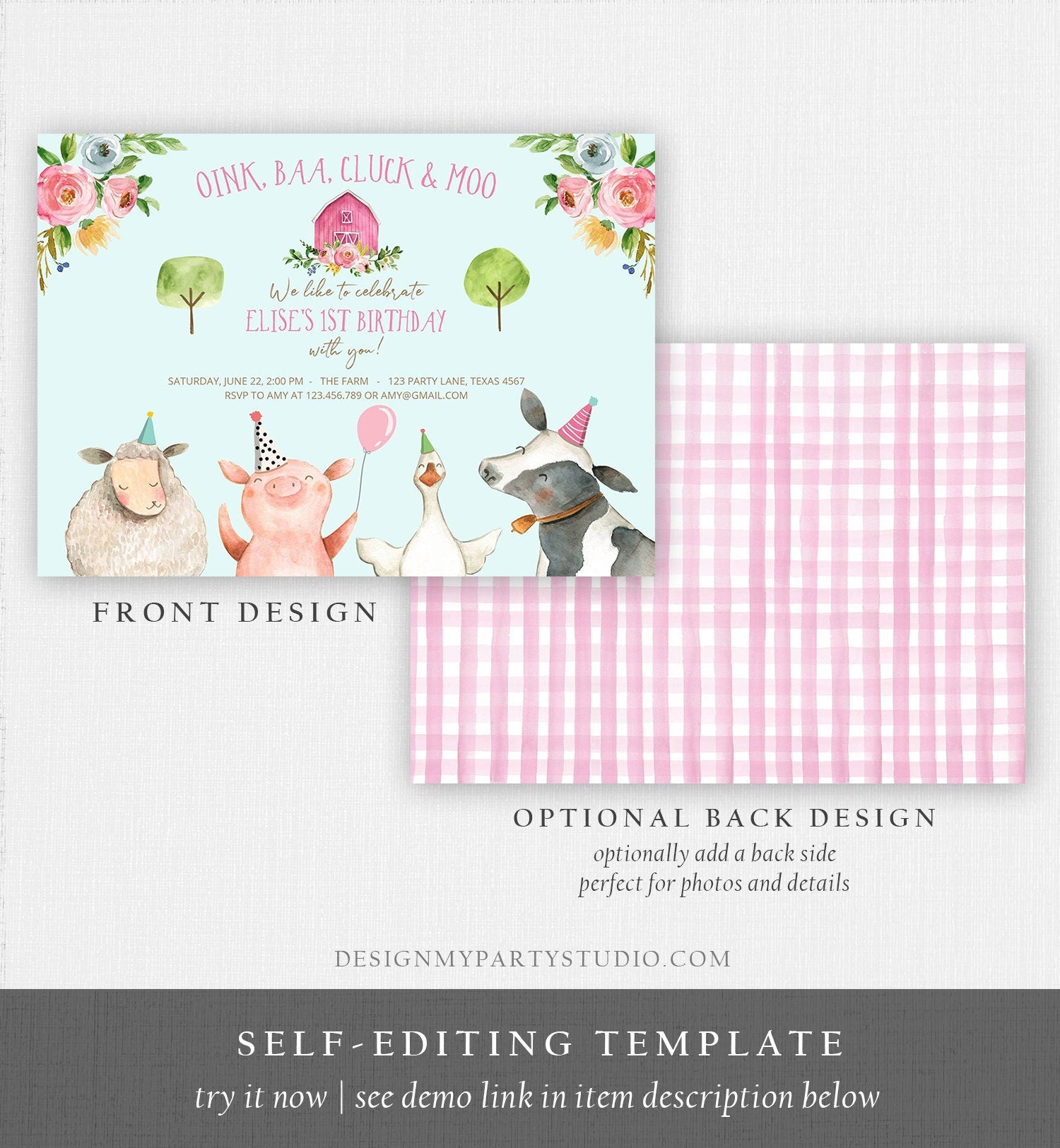 Editable Farm Animals Birthday Invitation Girl Party Animals Pink Floral Barnyard Party Digital Download Evite Template Printable 0155