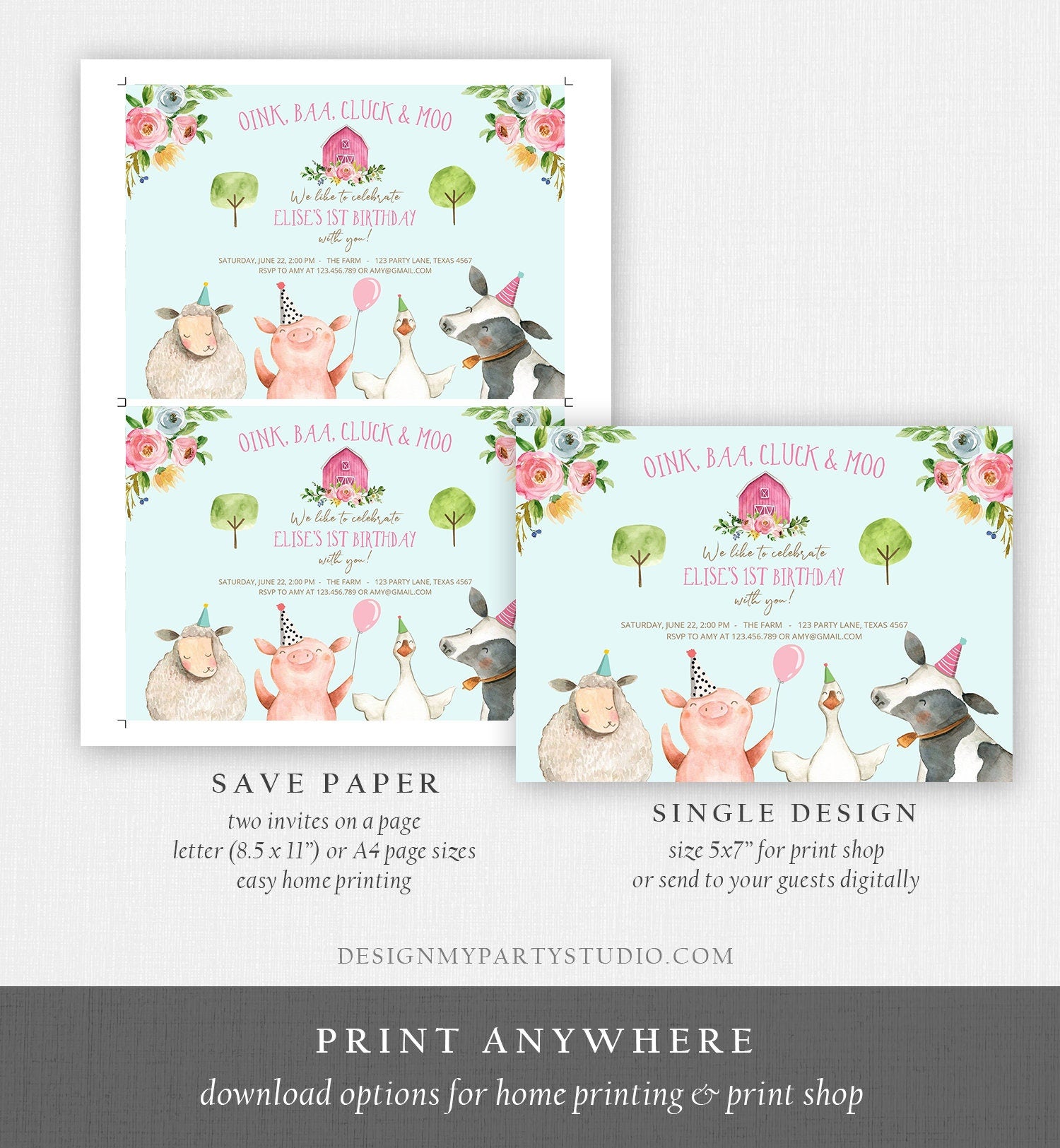 Editable Farm Animals Birthday Invitation Girl Party Animals Pink Floral Barnyard Party Digital Download Evite Template Printable 0155