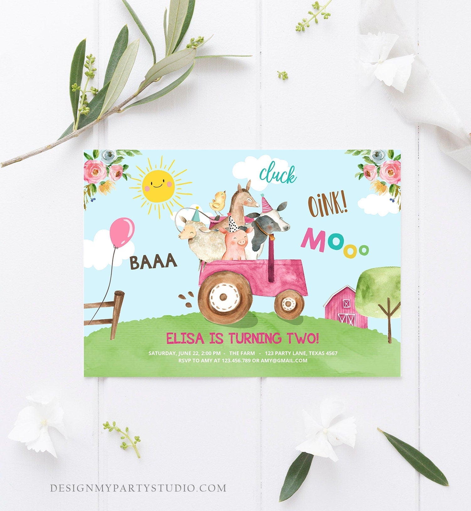 Editable Farm Birthday Invitation Girl Farm Animals Pink Floral Barnyard Party Tractor Download Printable Template Digital Corjl 0155