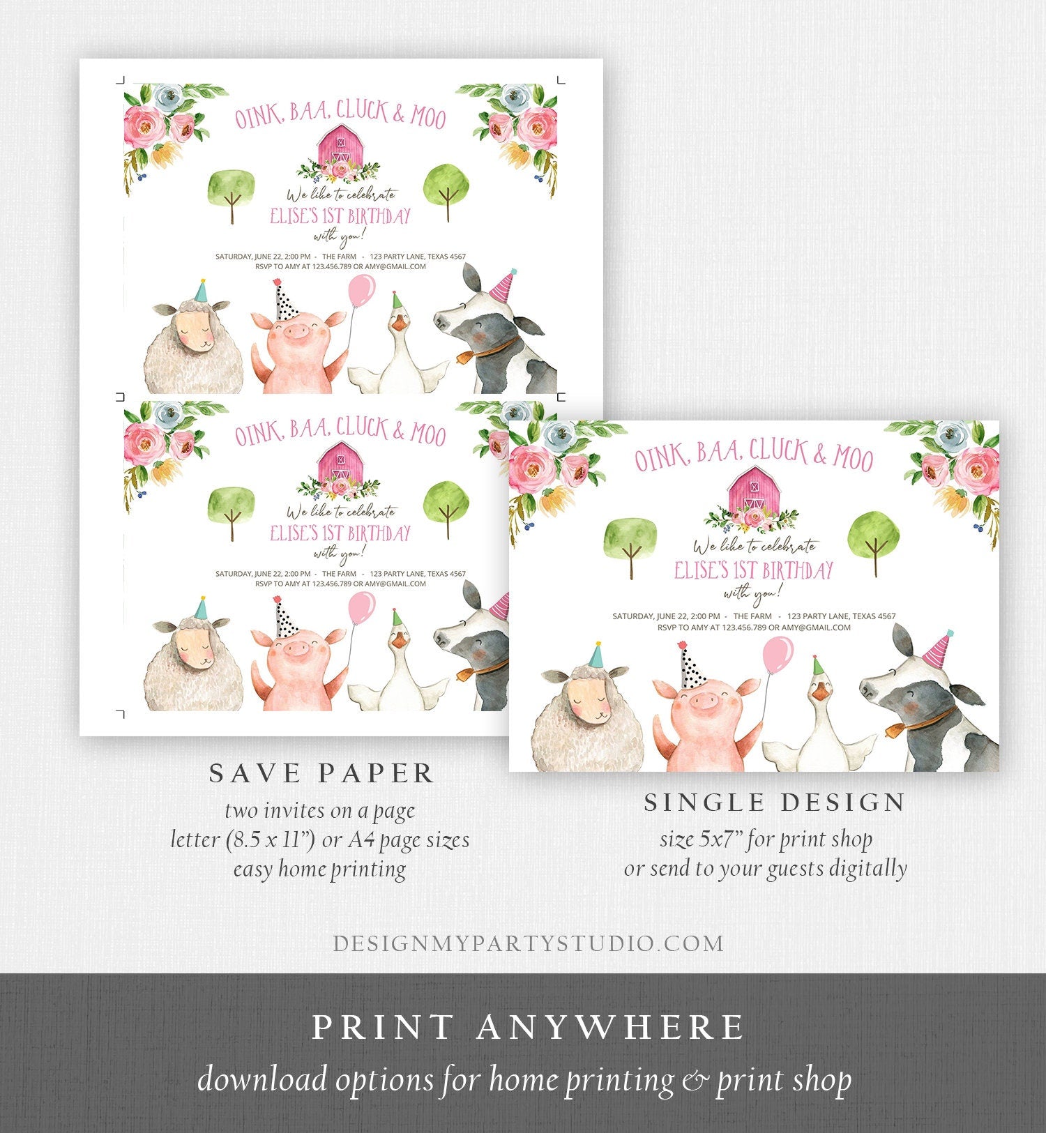 Editable Farm Animals Birthday Invitation Girl Party Animals Pink Barn Barnyard Download Digital Download Evite Template Printable 0155