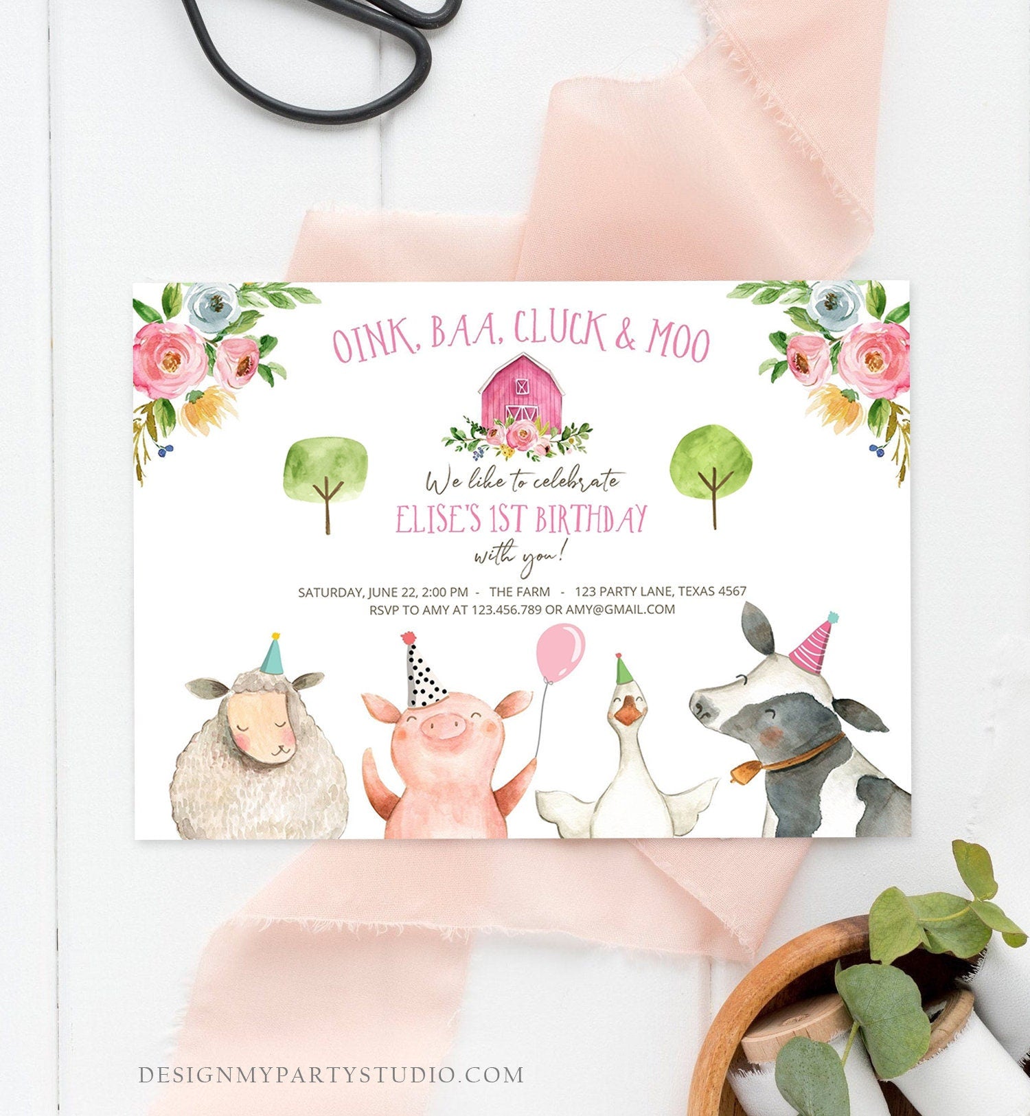 Editable Farm Animals Birthday Invitation Girl Party Animals Pink Barn Barnyard Download Digital Download Evite Template Printable 0155