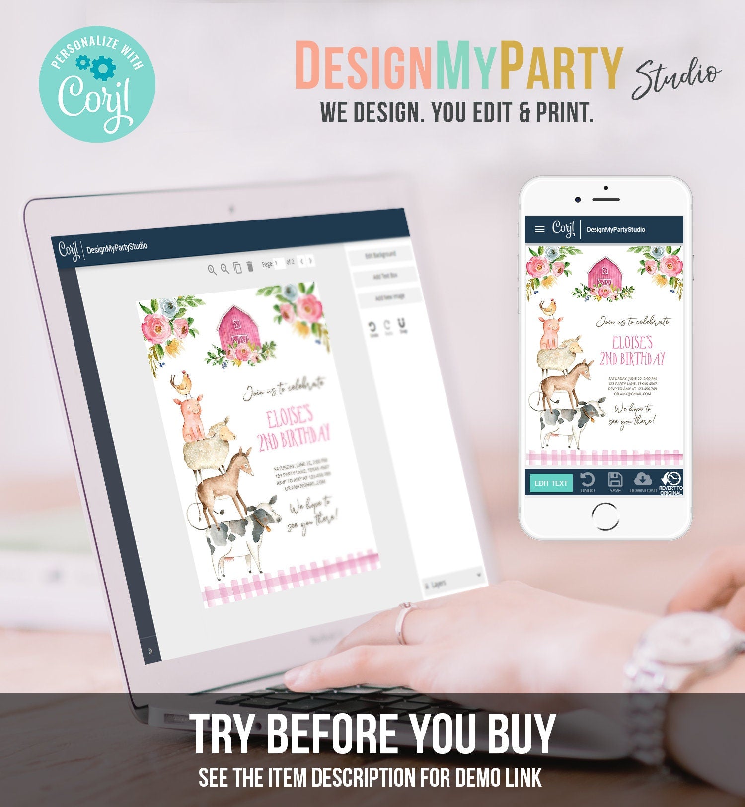 Editable Farm Animals Birthday Invitation Girl Party Animals Pink Floral Barnyard Party Digital Download Corjl Template Printable 0155