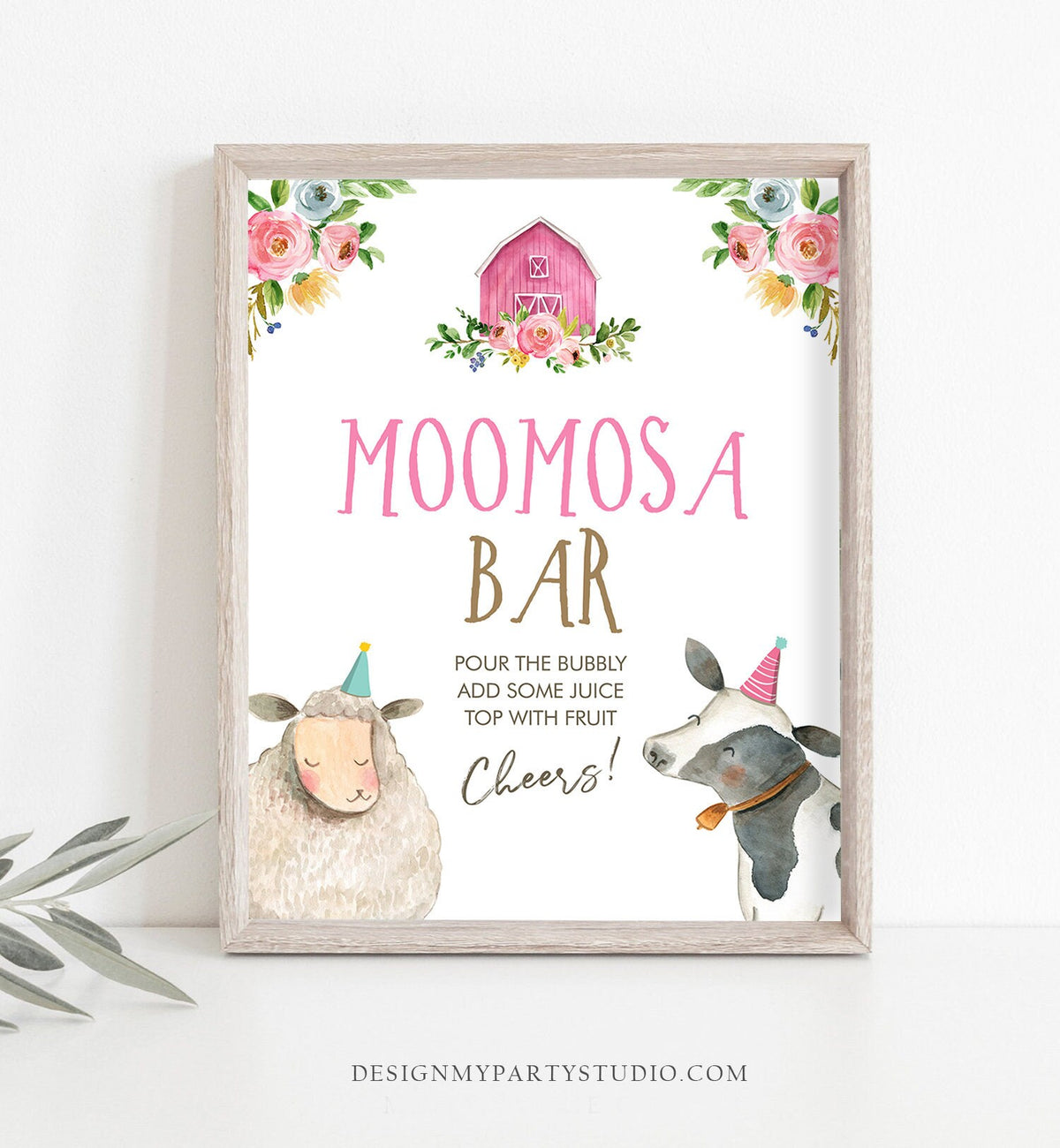 Moomosa Bar Farm Birthday Party Sign Mimosa Bar Sign Table Decor Barnyard Party Farm Animals Pink Girl Baby Shower Cow Sheep Printable0155