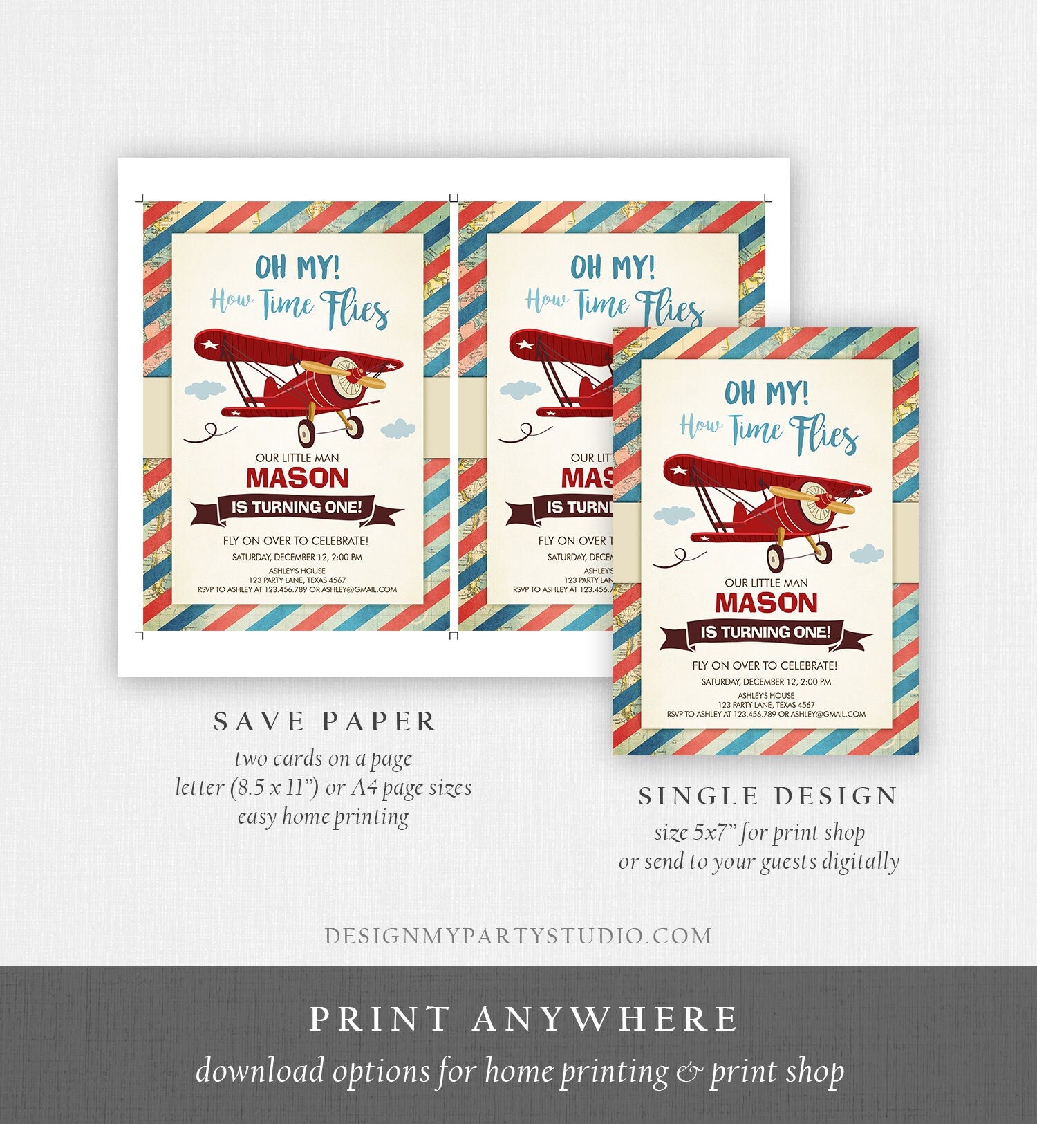 Editable Airplane Birthday Invitation Oh My Time Flies Red Airplane First Birthday Plane Sky Digital Download Evite Template Printable 0011