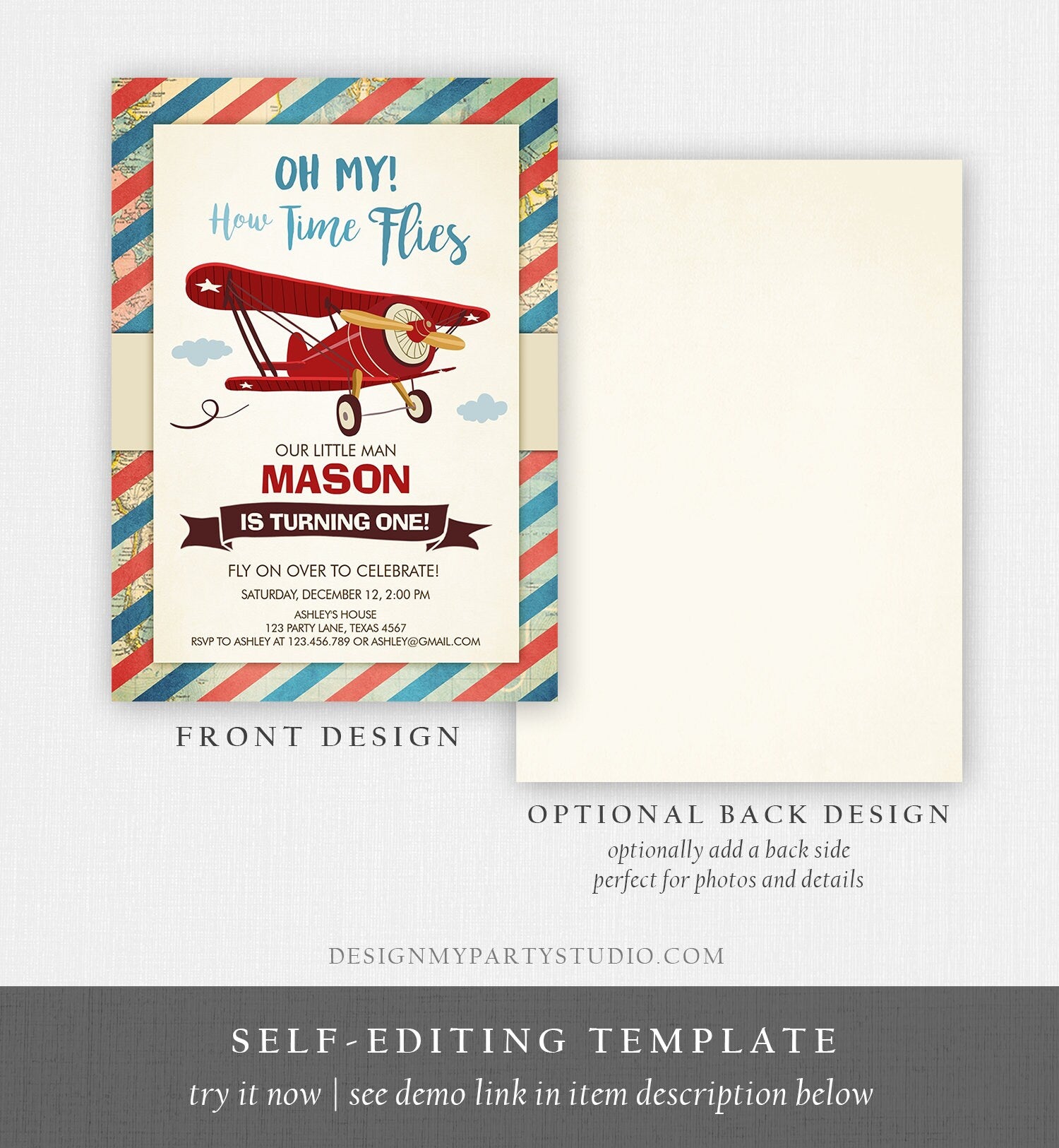 Editable Airplane Birthday Invitation Oh My Time Flies Red Airplane First Birthday Plane Sky Digital Download Evite Template Printable 0011