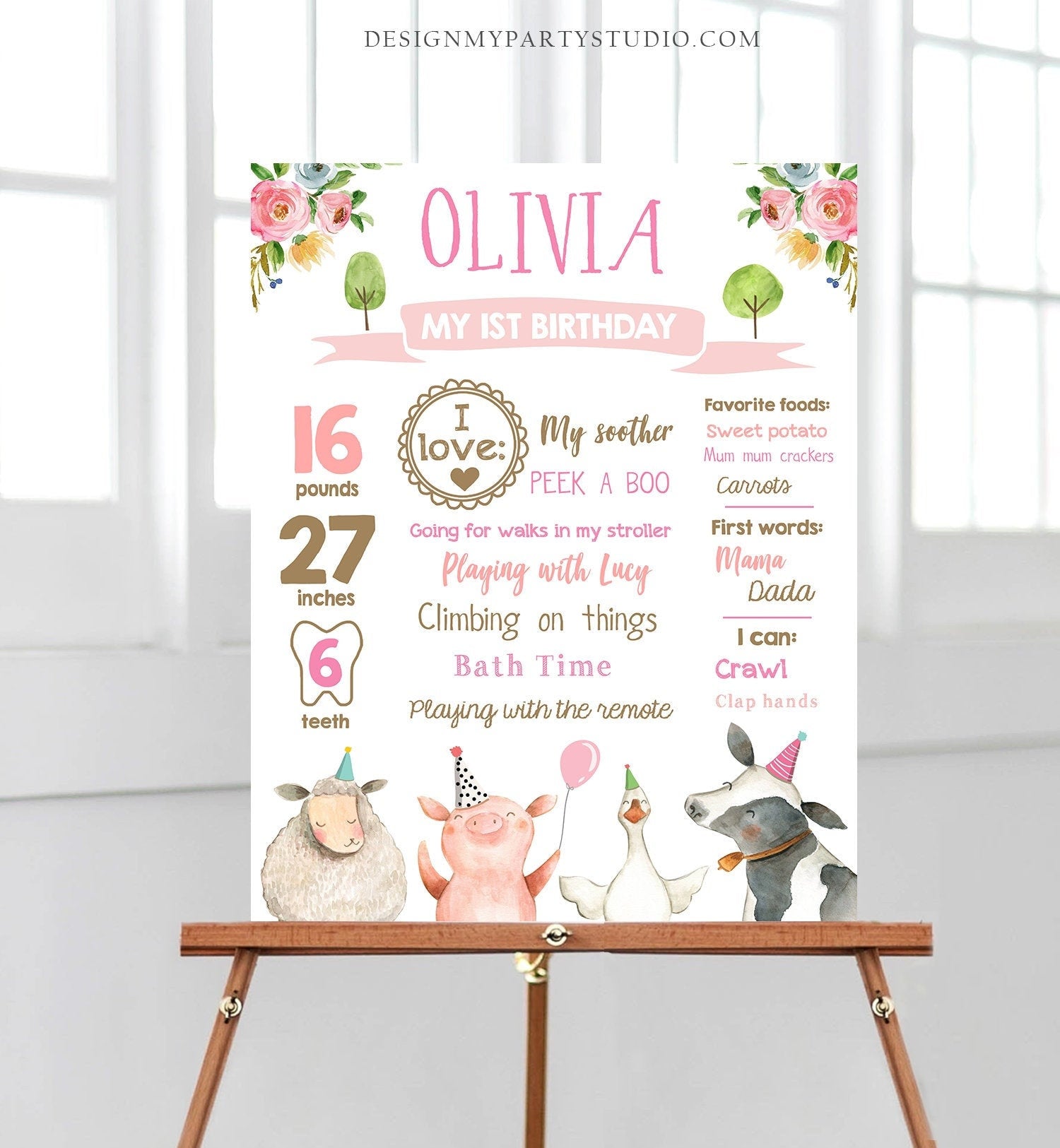 Editable Farm Animals Birthday Milestones Sign Girl Pink Farm Birthday Barnyard Bash Barnyard Sign Floral Download Template Printable 0155