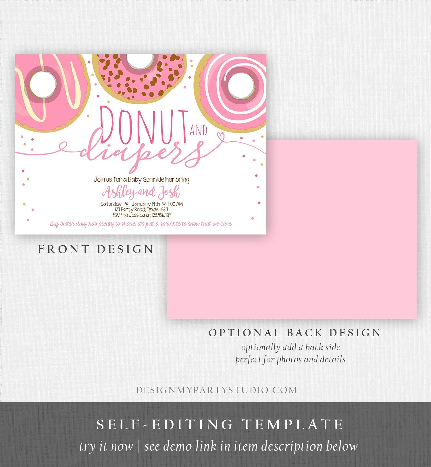 Editable Donut and Diapers Baby Shower Invitation Sprinkle Sprinkled With Love Coed Girl Pink Pastel Download Printable Corj Template 0050