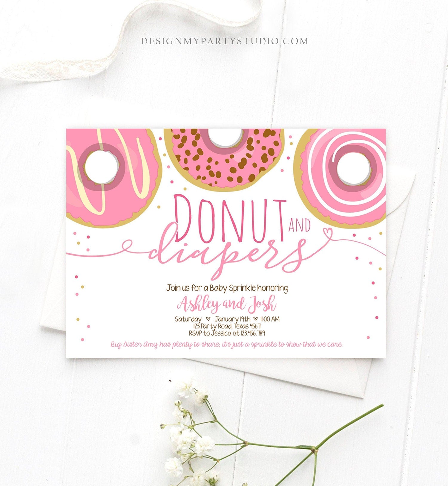 Editable Donut and Diapers Baby Shower Invitation Sprinkle Sprinkled With Love Coed Girl Pink Pastel Download Printable Corj Template 0050