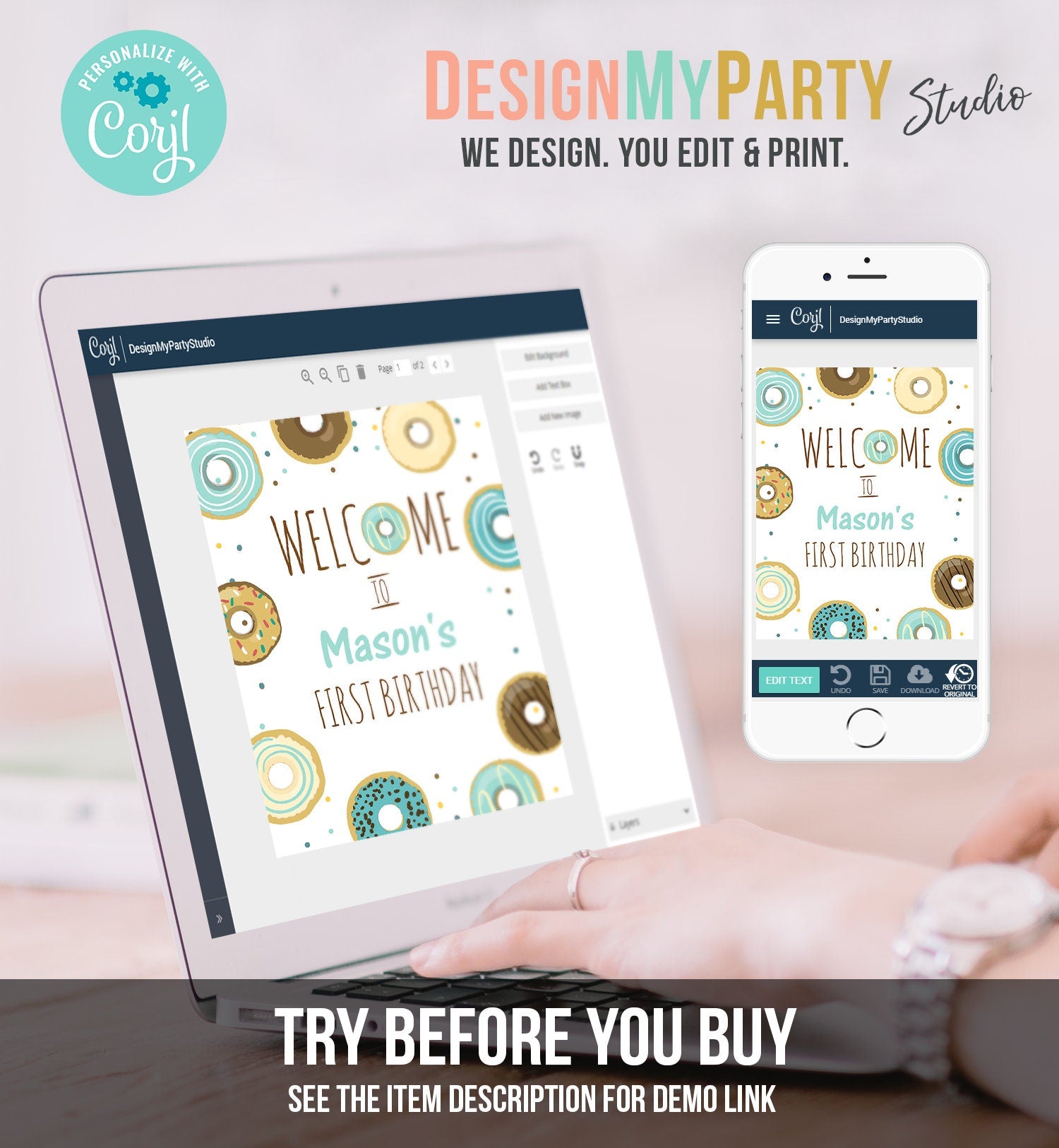 Editable Donut Welcome Sign Birthday Blue Boy Doughnut Baby Shower Table Sign Sprinkle Confetti Download Corjl Template Printable 0050