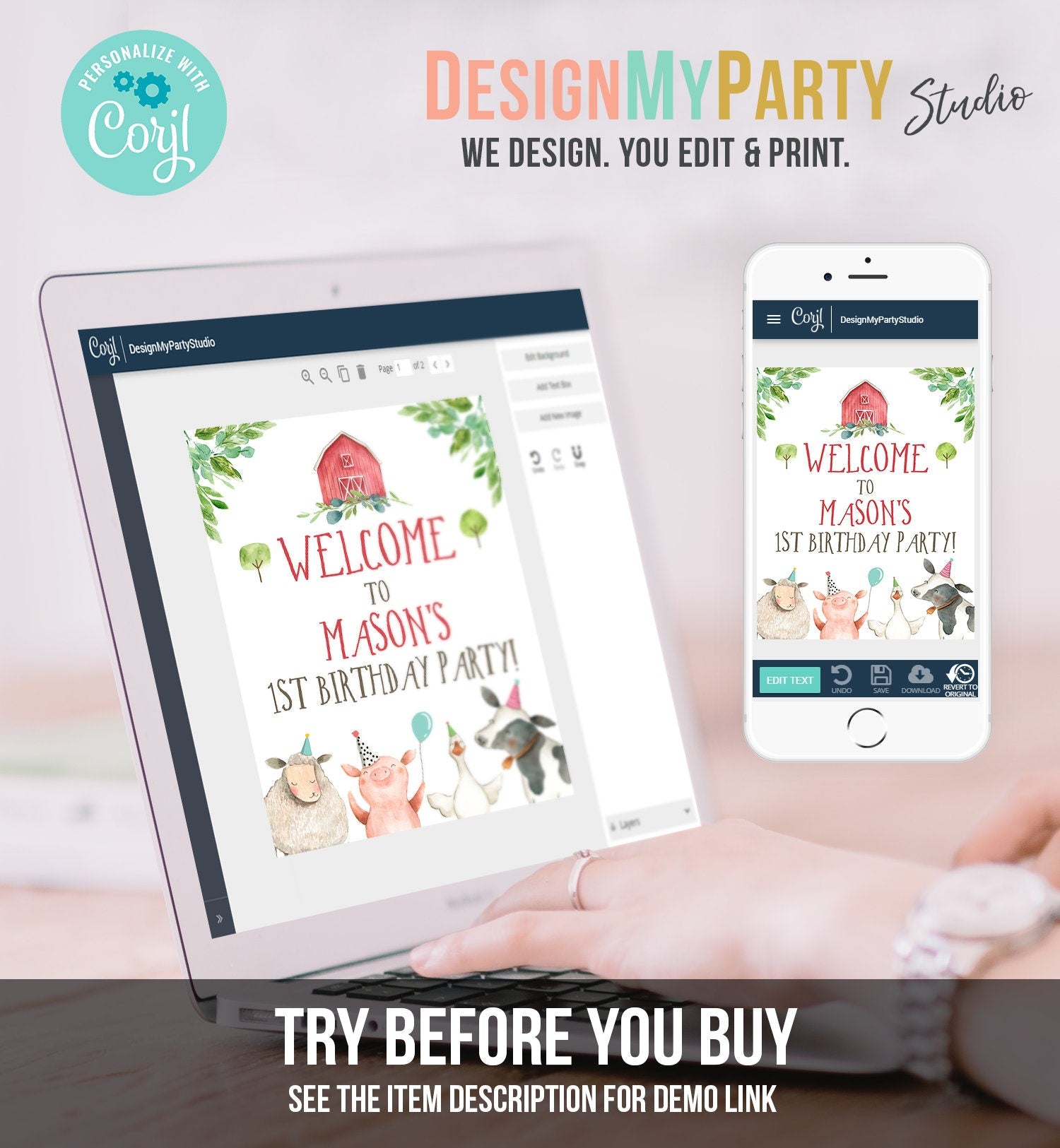 Editable Farm Animals Birthday Welcome Sign Boy Barnyard Party Animals Sign Farm Animals Digital Download Corjl Template Printable 0155