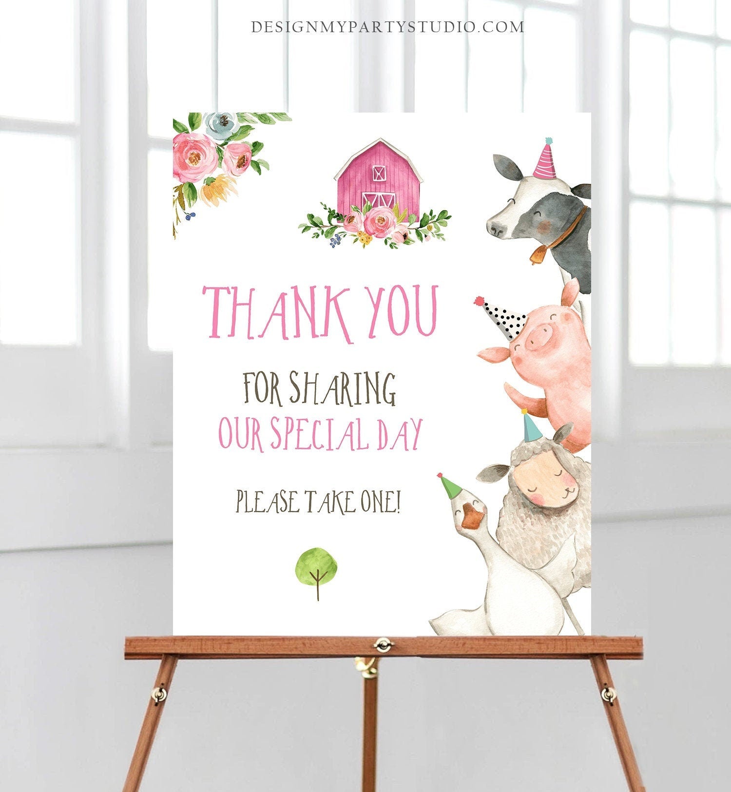 Editable Pink Farm Birthday Thank You Sign Girl Barnyard Birthday Favor Sign Farm Animals Favor Table Digital Template Printable 0155