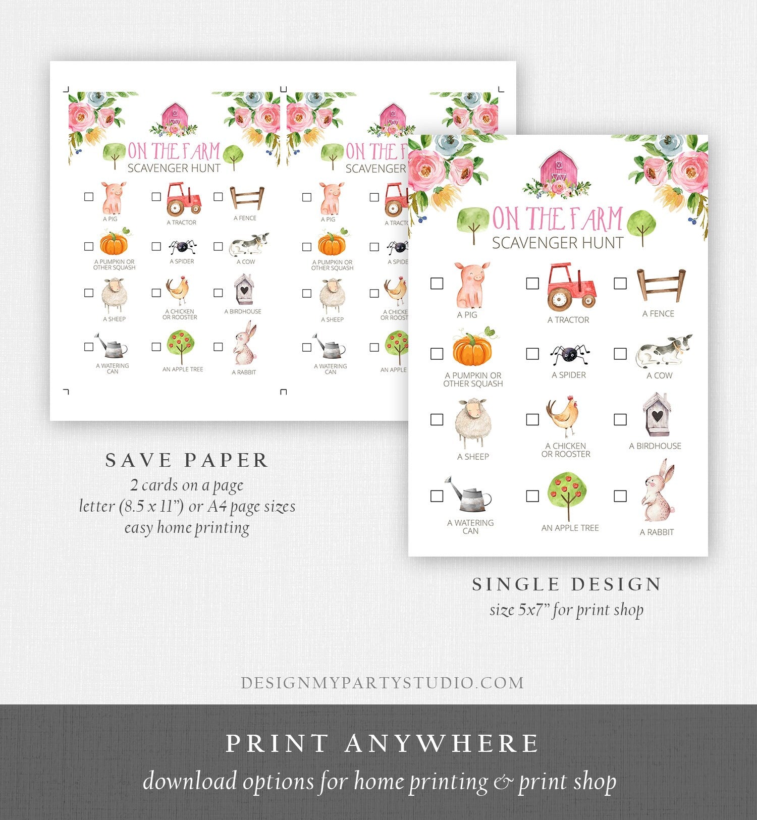 Editable Farm Scavenger Hunt Checklist Game Party Girl Pink Farm Birthday Barnyard Party Nature Download Corjl Template Printable 0155