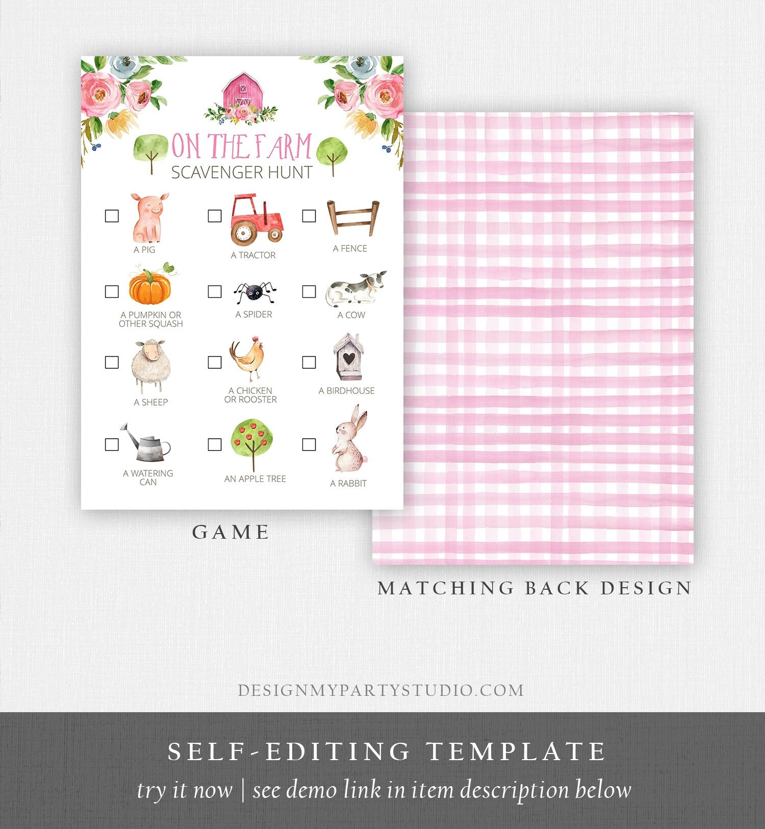 Editable Farm Scavenger Hunt Checklist Game Party Girl Pink Farm Birthday Barnyard Party Nature Download Corjl Template Printable 0155