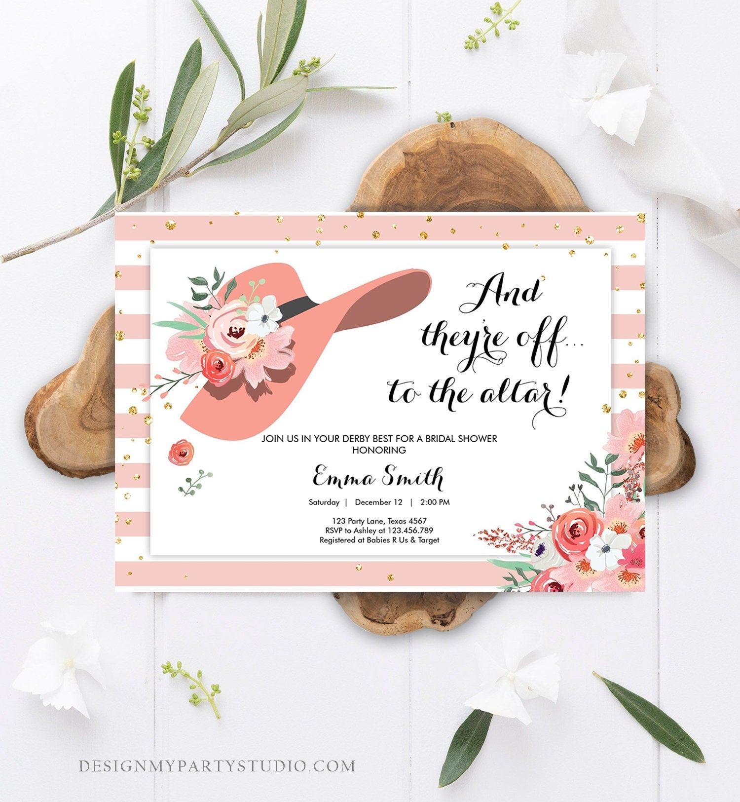 Editable Bridal Shower Invitation Derby Wear a Hat Horse races Floral Flowers Rose Gold Blush Pink Download Printable Template Corjl 0249