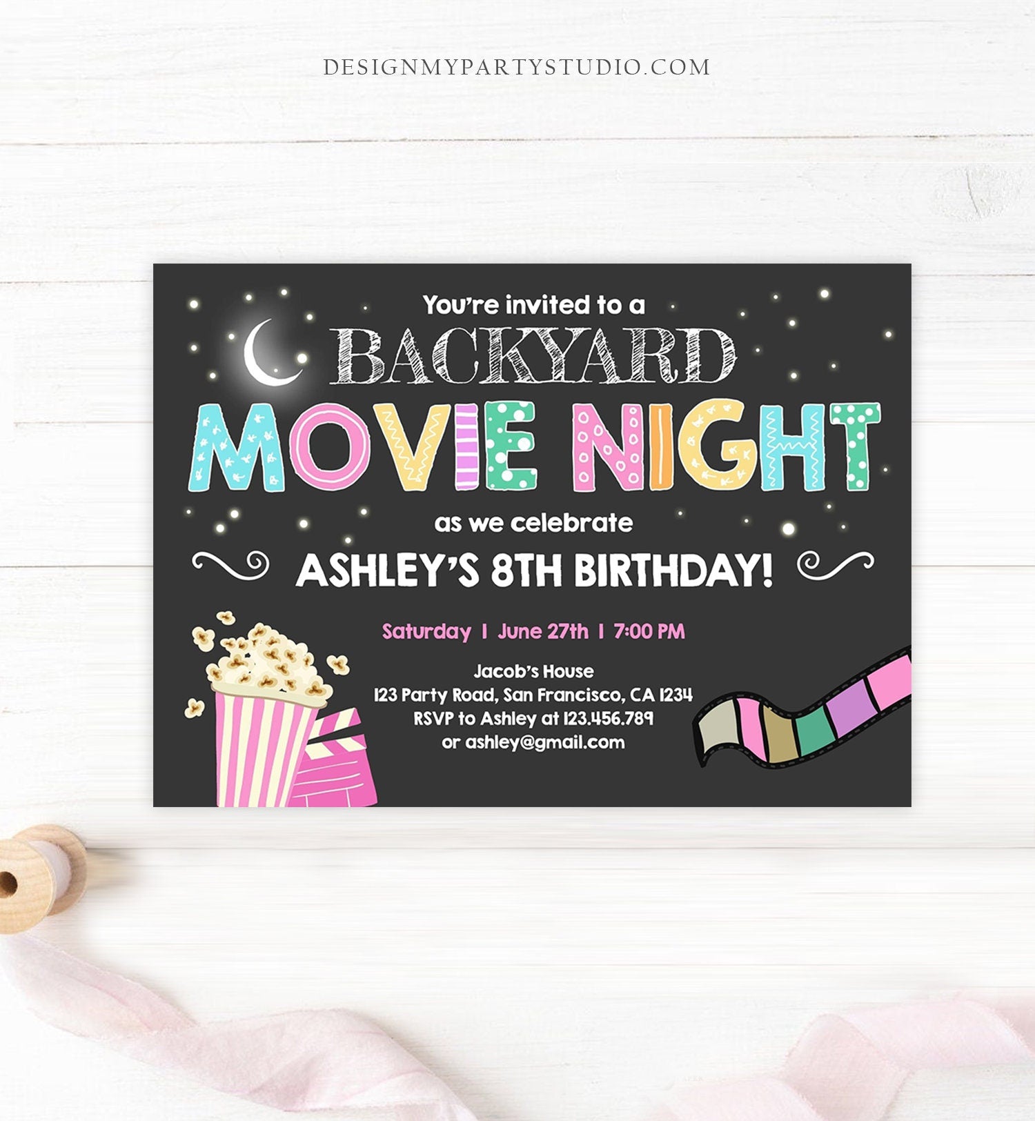 Editable Movie Night Birthday Invitation Girls Movie Slumber Party Backyard Movie Party Popcorn Download Printable Template Corjl 0042