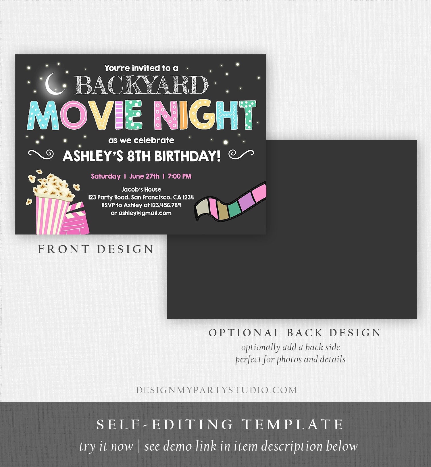 Editable Movie Night Birthday Invitation Girls Movie Slumber Party Backyard Movie Party Popcorn Download Printable Template Corjl 0042