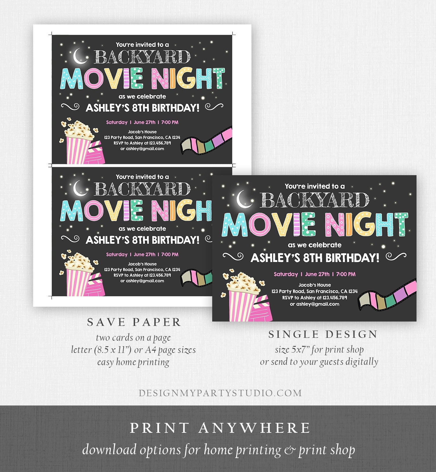 Editable Movie Night Birthday Invitation Girls Movie Slumber Party Backyard Movie Party Popcorn Download Printable Template Corjl 0042