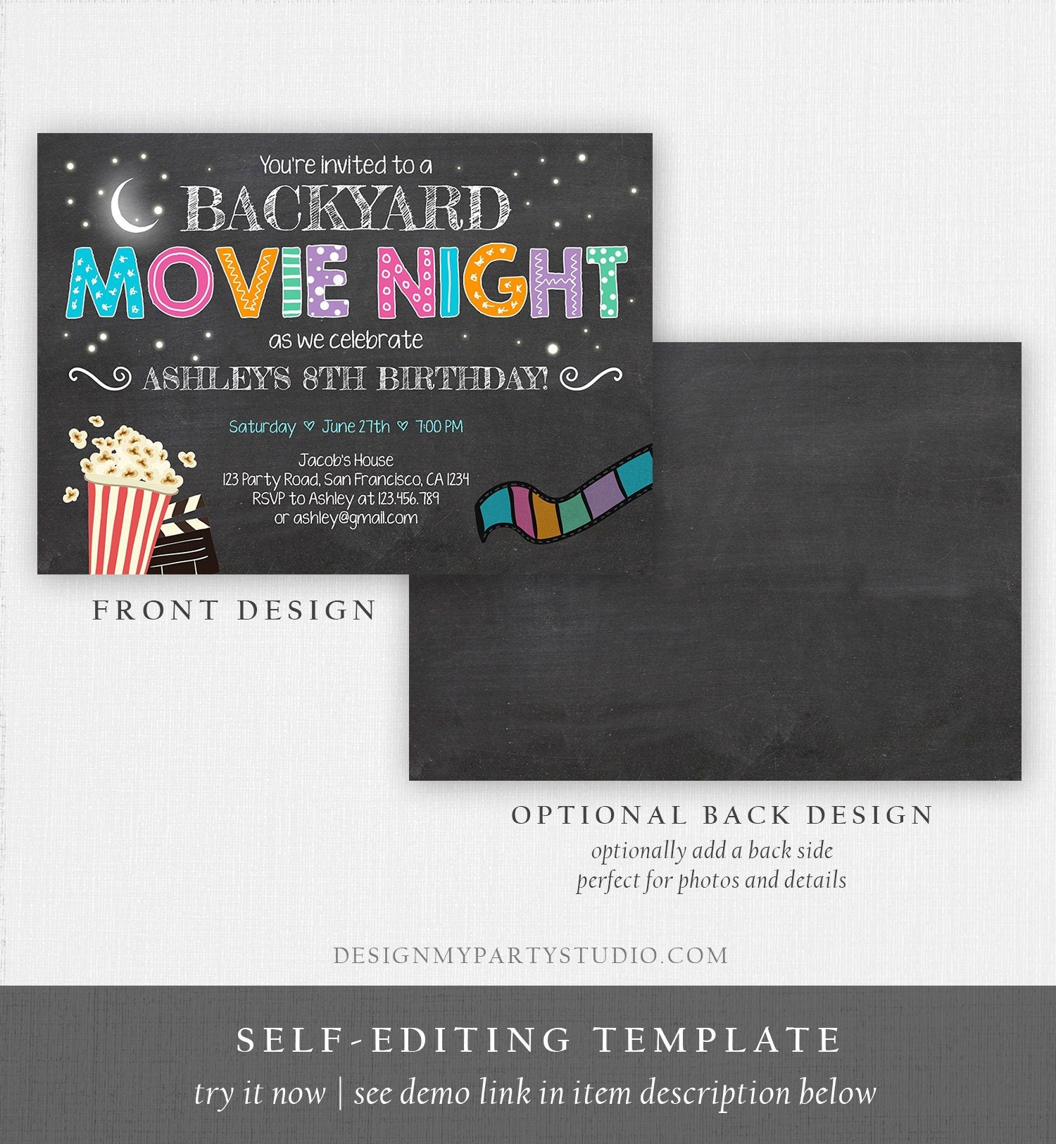 Editable Movie Night Birthday Invitation Under the Stars Outdoor Backyard Movie Party Popcorn Download Printable Template Corjl 0042