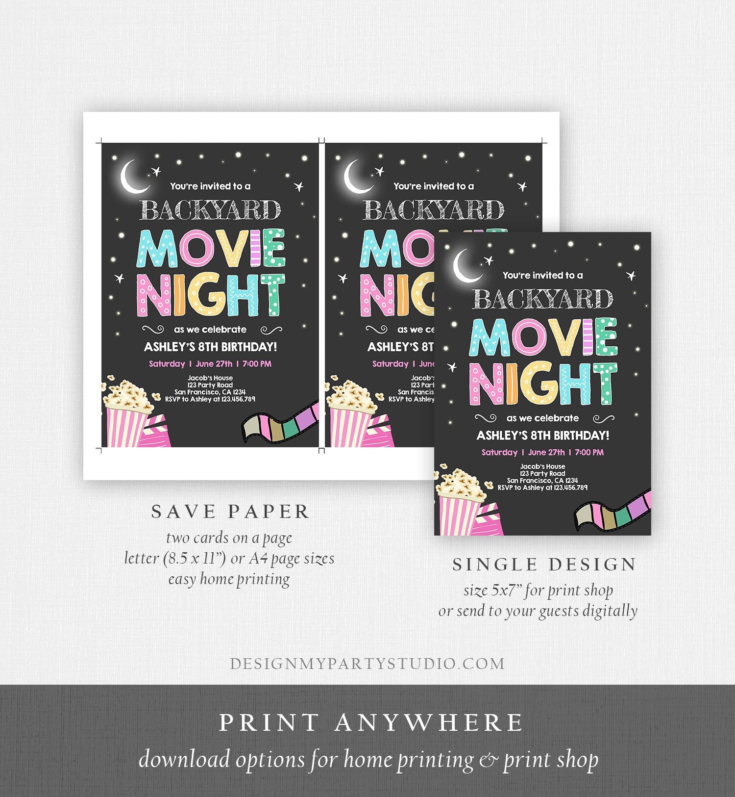 Editable Movie Night Birthday Invitation Girl Movie Slumber Party Backyard Movie Party Popcorn Download Template Corjl Printable 0042