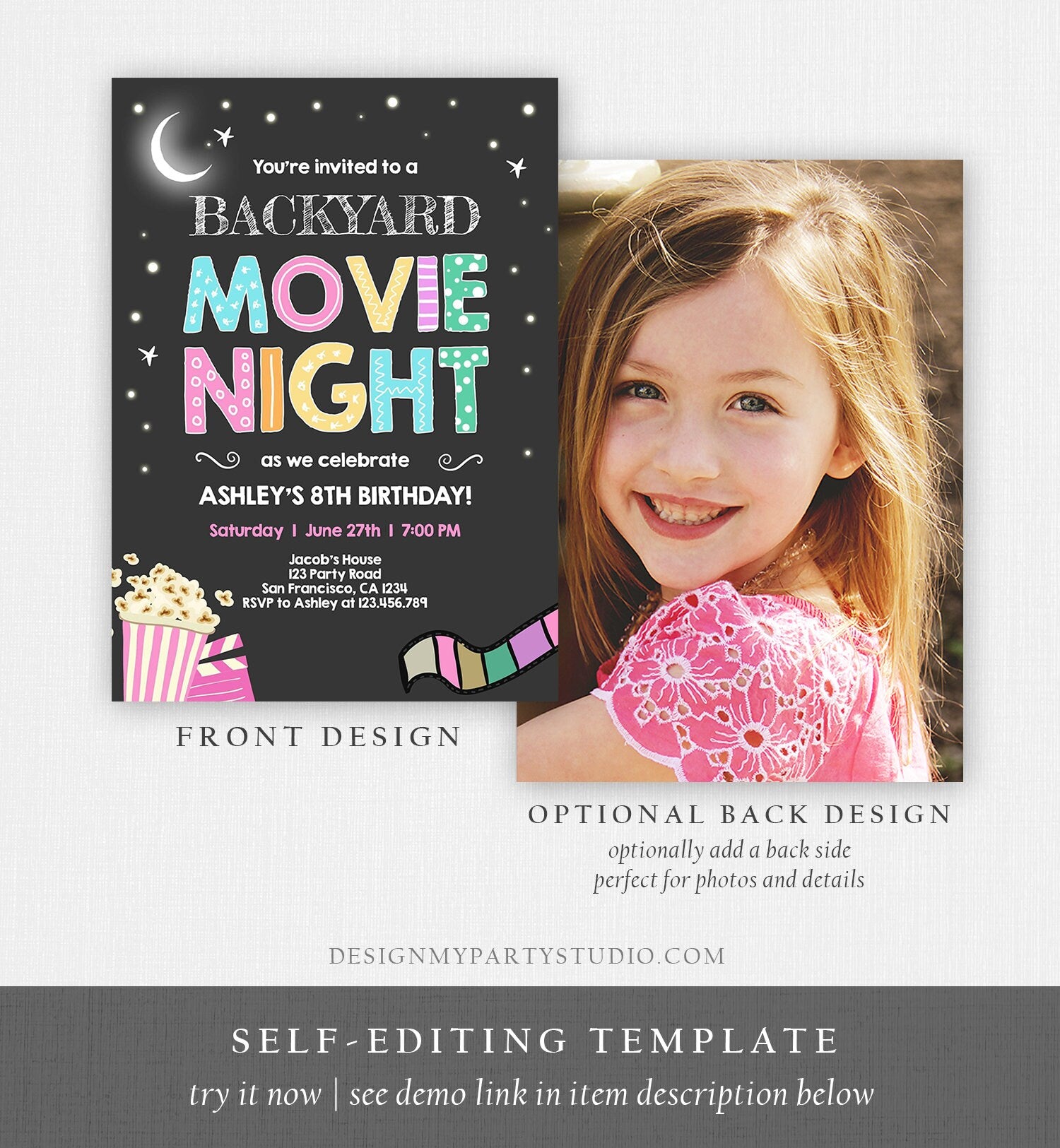 Editable Movie Night Birthday Invitation Girl Movie Slumber Party Backyard Movie Party Popcorn Download Template Corjl Printable 0042