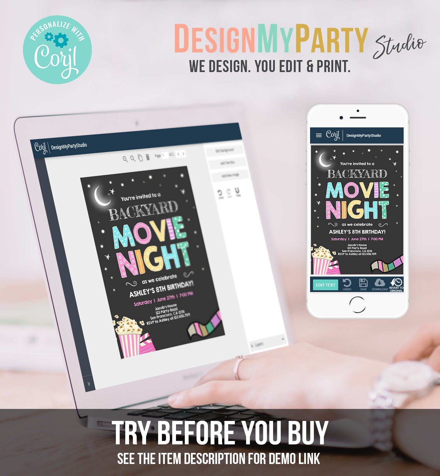 Editable Movie Night Birthday Invitation Girl Movie Slumber Party Backyard Movie Party Popcorn Download Template Corjl Printable 0042