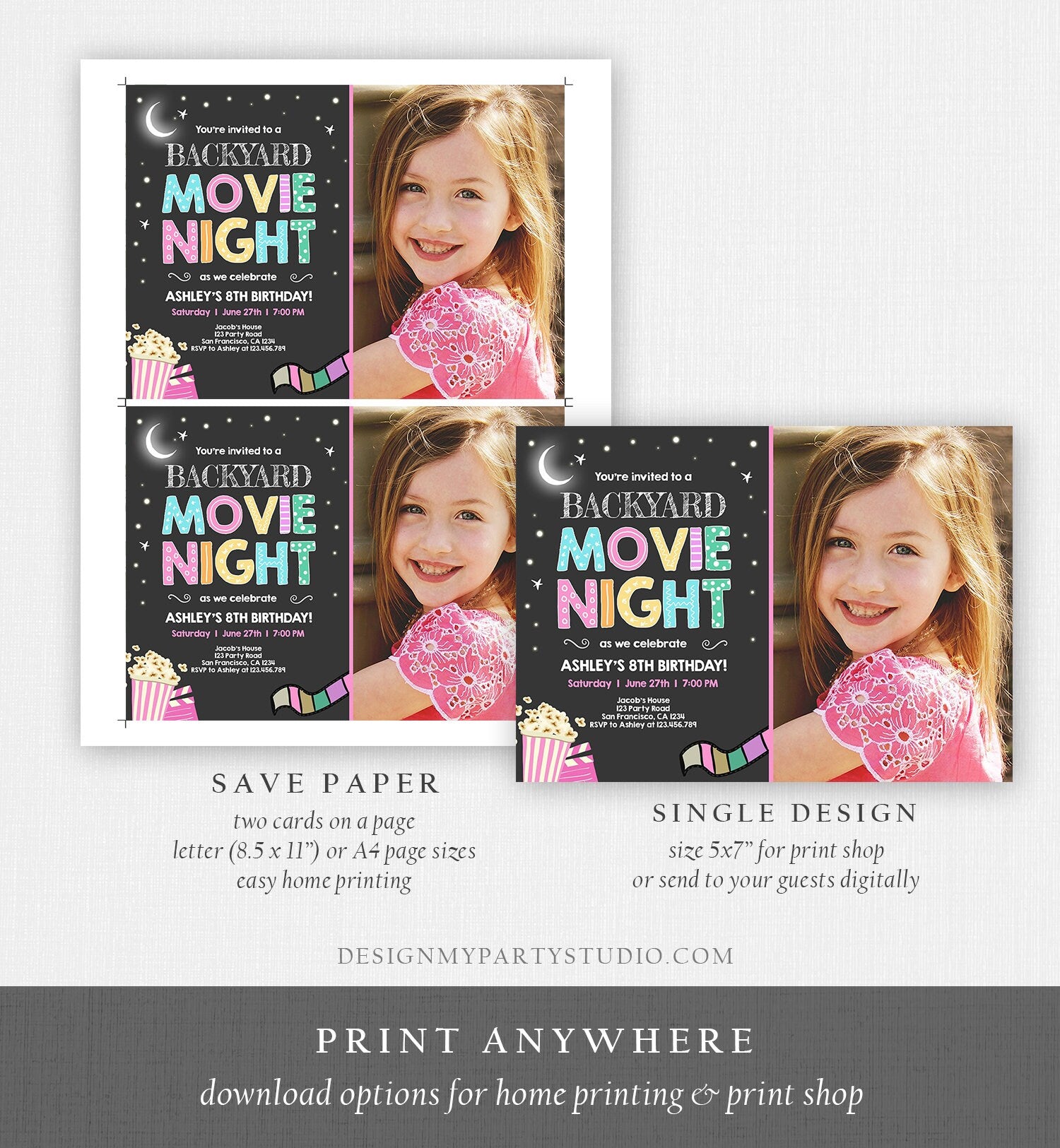 Editable Movie Night Birthday Invitation Girls Movie Slumber Party Backyard Movie Party Popcorn Download Printable Template Corjl 0042