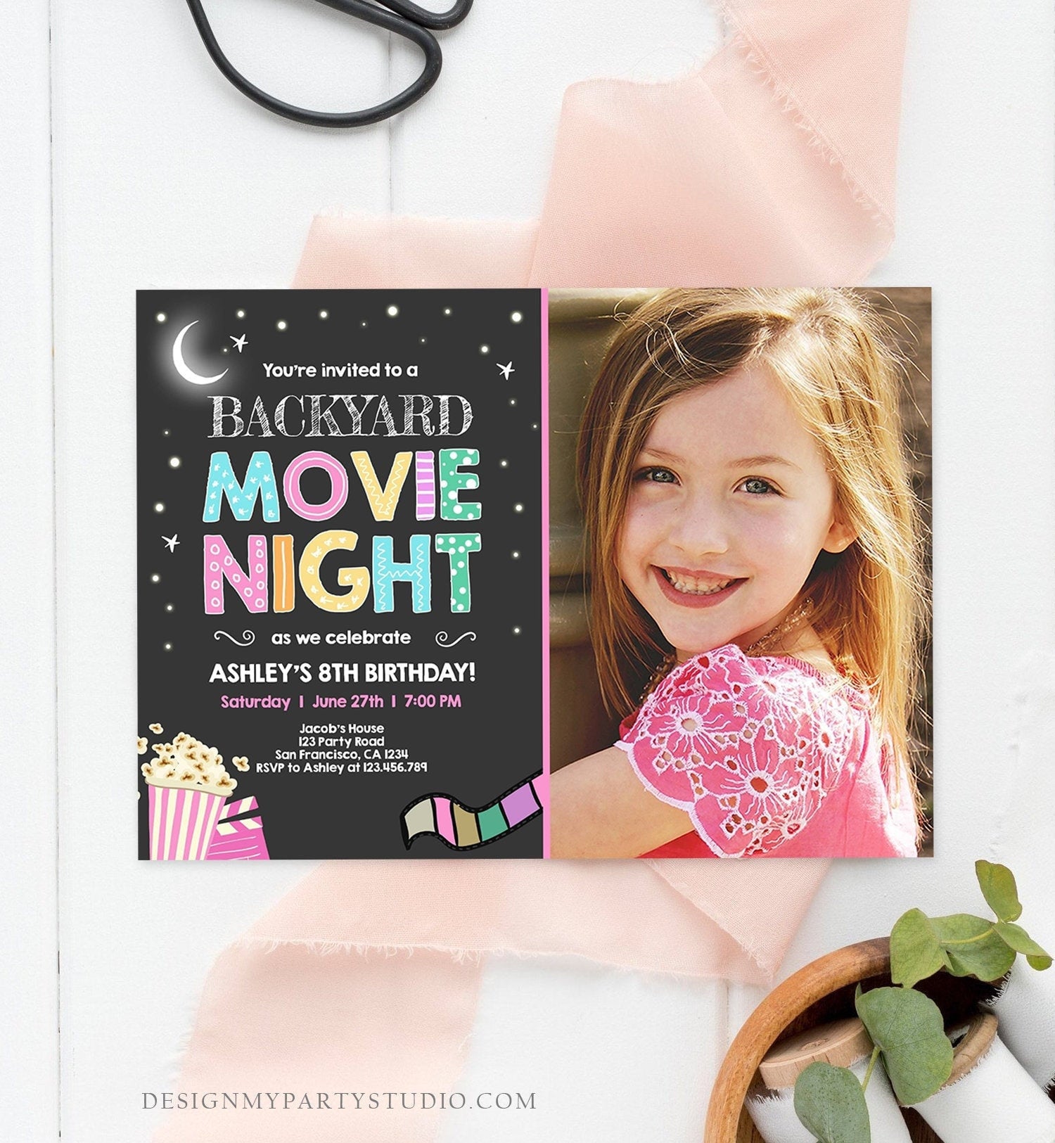 Editable Movie Night Birthday Invitation Girls Movie Slumber Party Backyard Movie Party Popcorn Download Printable Template Corjl 0042