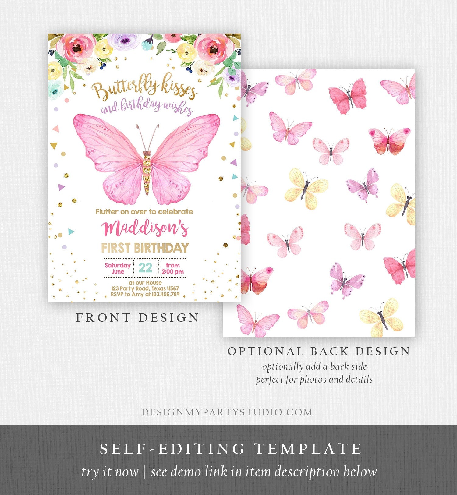 Editable Butterfly Birthday Invitation Butterfly Invitation Garden Floral Flowers Pink Gold Girl Download Printable Template Corjl 0162