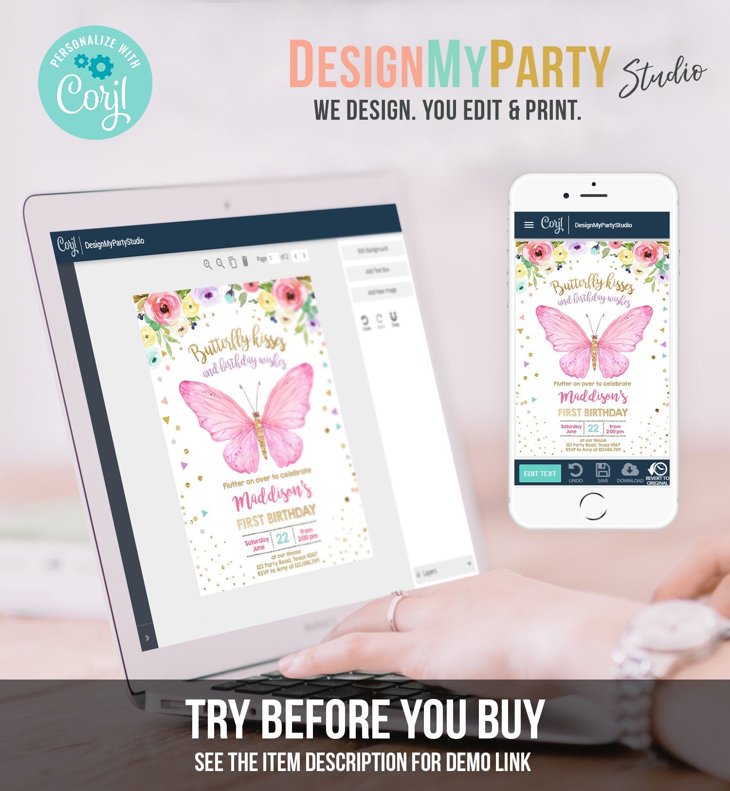 Editable Butterfly Birthday Invitation Butterfly Invitation Garden Floral Flowers Pink Gold Girl Download Printable Template Corjl 0162