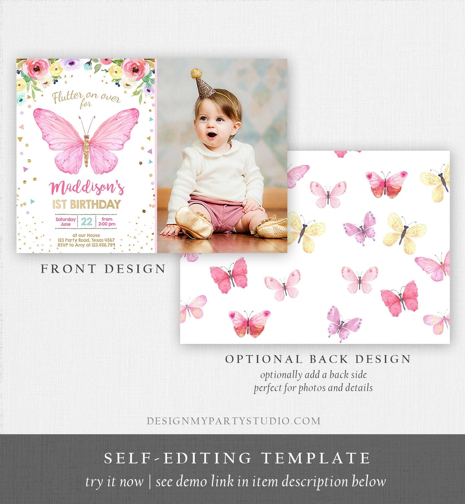 Editable Butterfly Birthday Invitation Butterfly Invitation Garden Floral Flowers Pink Gold Girl Download Printable Template Corjl 0162