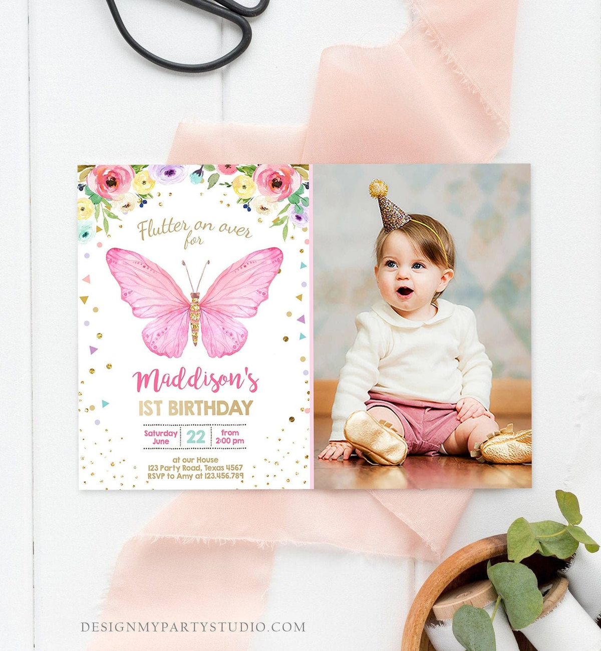 Editable Butterfly Birthday Invitation Butterfly Invitation Garden Floral Flowers Pink Gold Girl Download Printable Template Corjl 0162