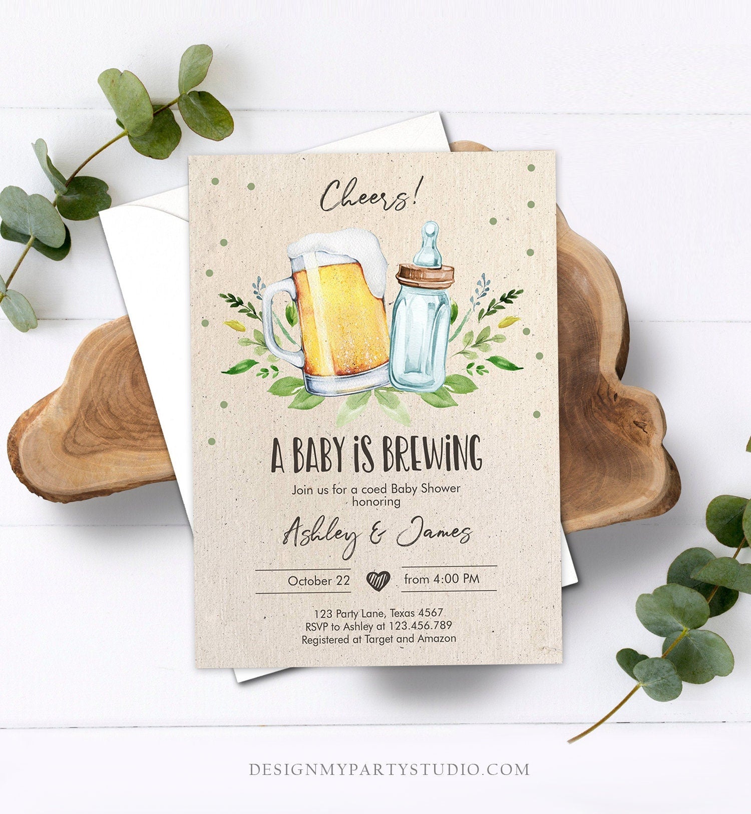 Editable A Baby is Brewing Invitation Bottle and Beers Baby Shower Cheers Coed Couples Shower Download Corjl Template Printable 0190