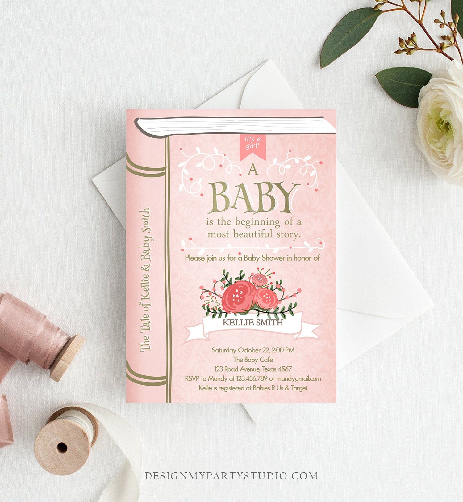 Editable Vintage Storybook Baby Shower Invitation Pink Gold Once Upon a Time Girl Couples Book Digital Evite Template Printable 0023