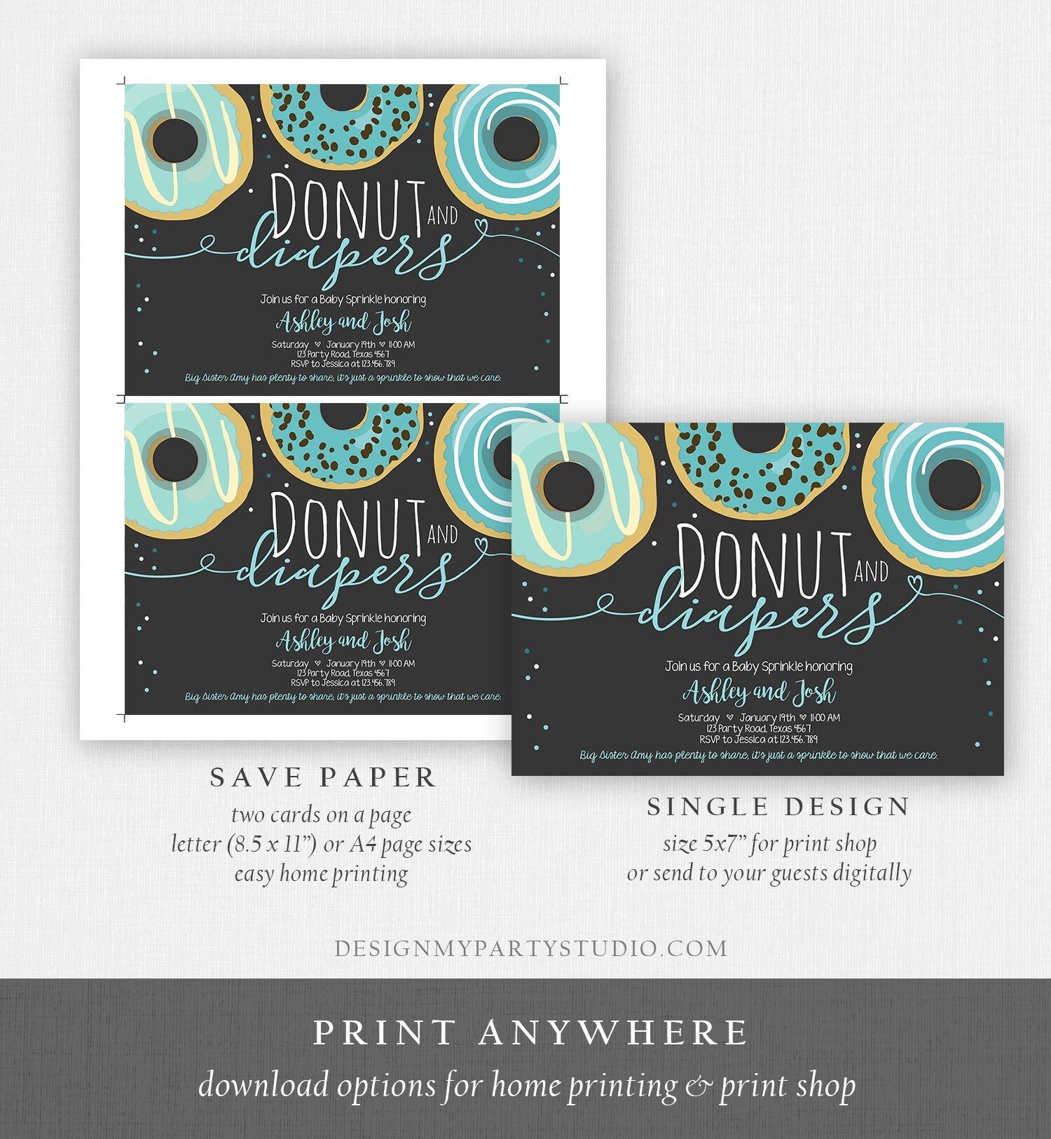 Editable Donut and Diapers Baby Shower Invitation Sprinkle Sprinkled With Love Coed Boy Blue Pastel Download Printable Corj Template 0050