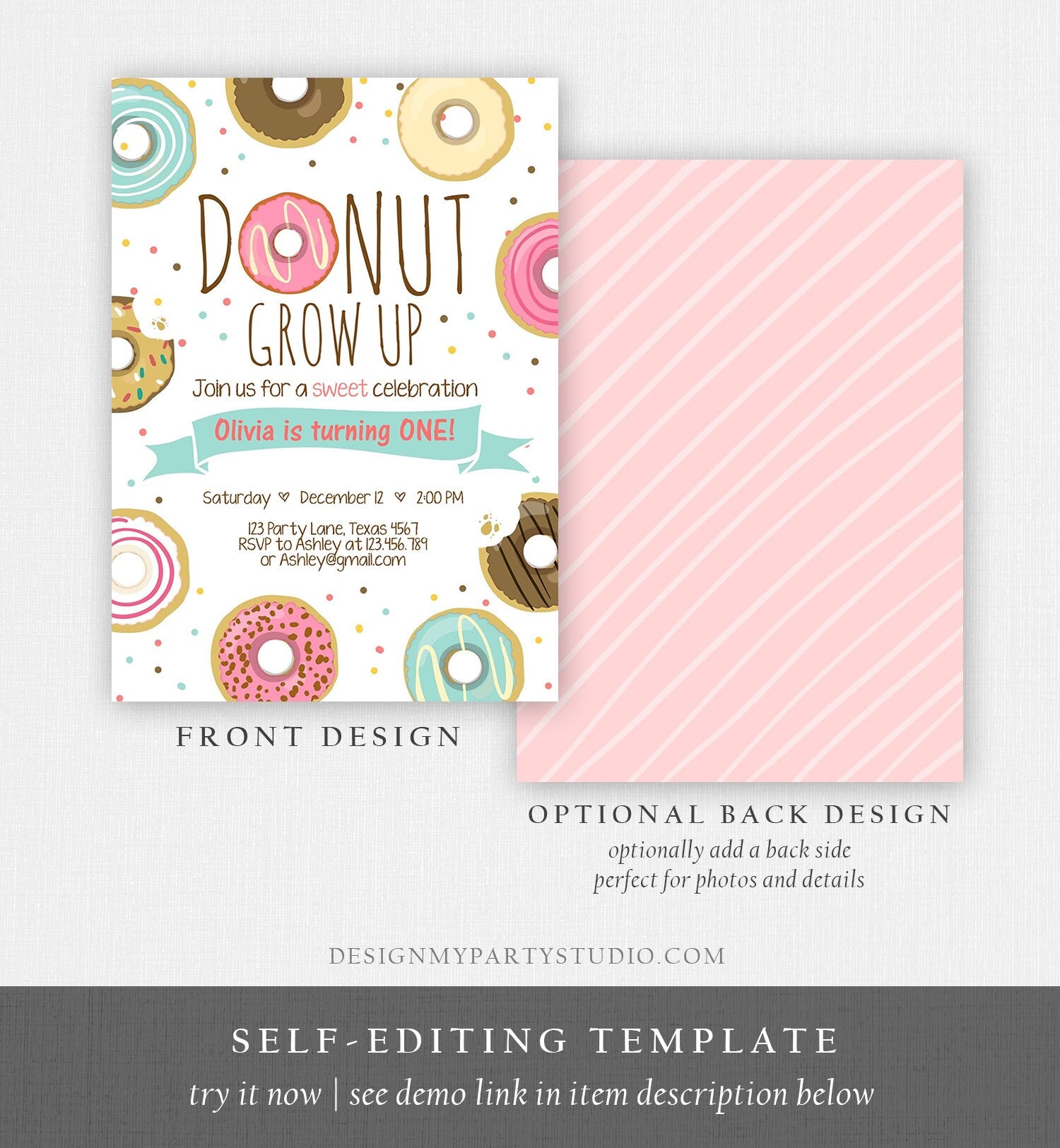 Editable Donut Grow Up Birthday Invitation First Birthday Party Pink Girl Doughnut Sweet Digital Download Printable Template Corjl 0050