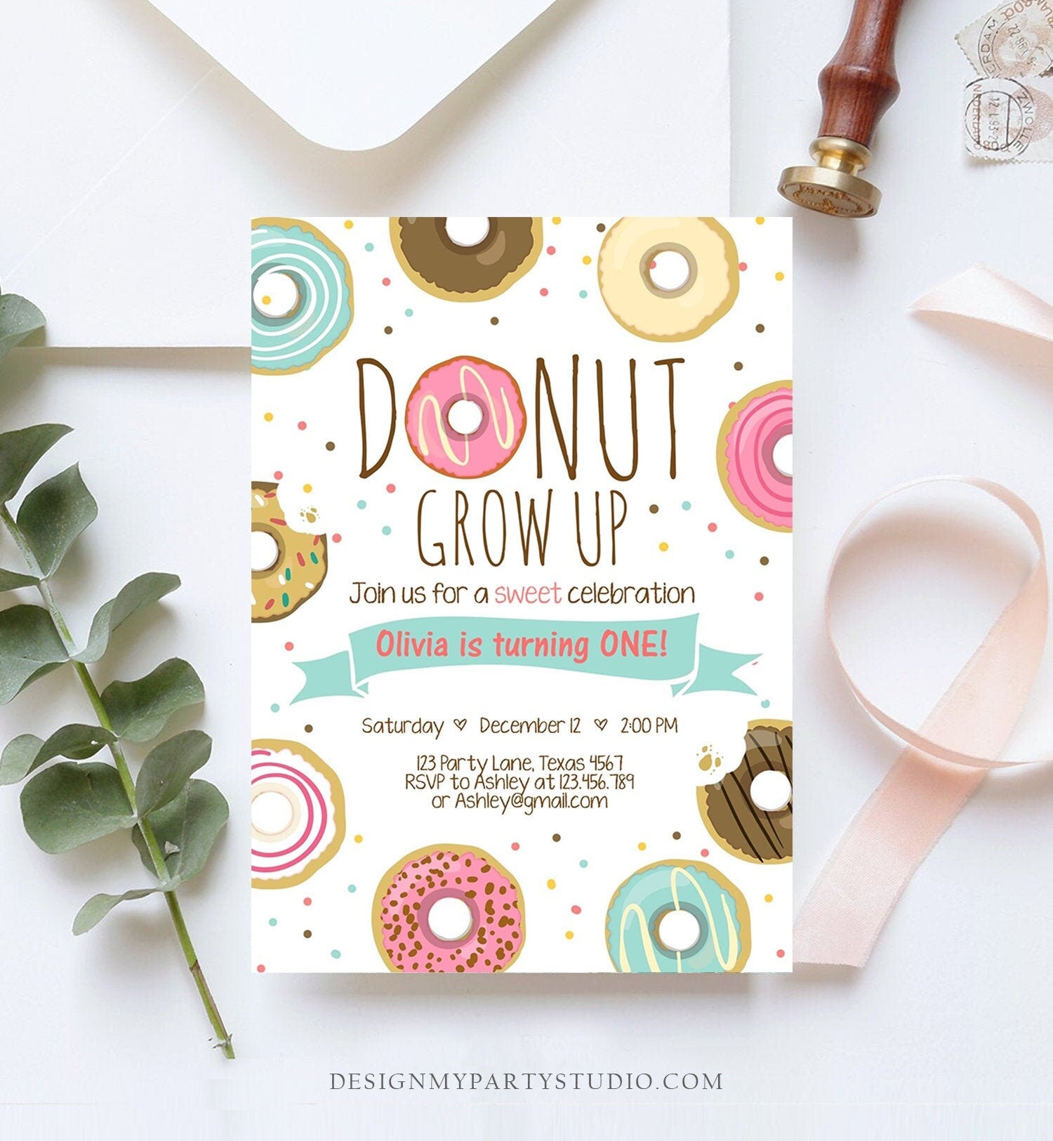 Editable Donut Grow Up Birthday Invitation First Birthday Party Pink Girl Doughnut Sweet Digital Download Printable Template Corjl 0050