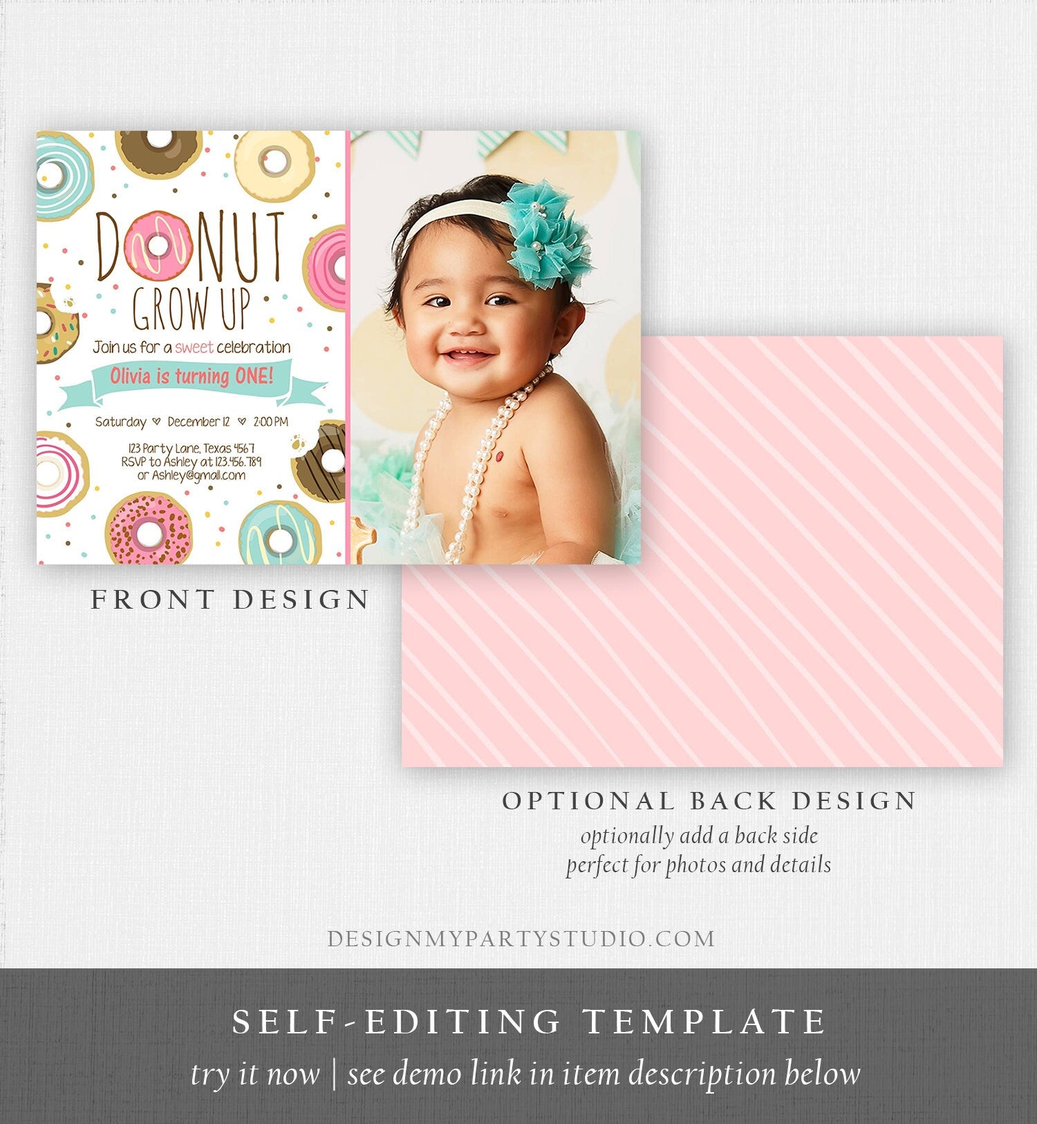 Editable Donut Grow Up Birthday Invitation First Birthday Party Pink Girl Two Sweet One Digital Download Printable Template Evite 0050