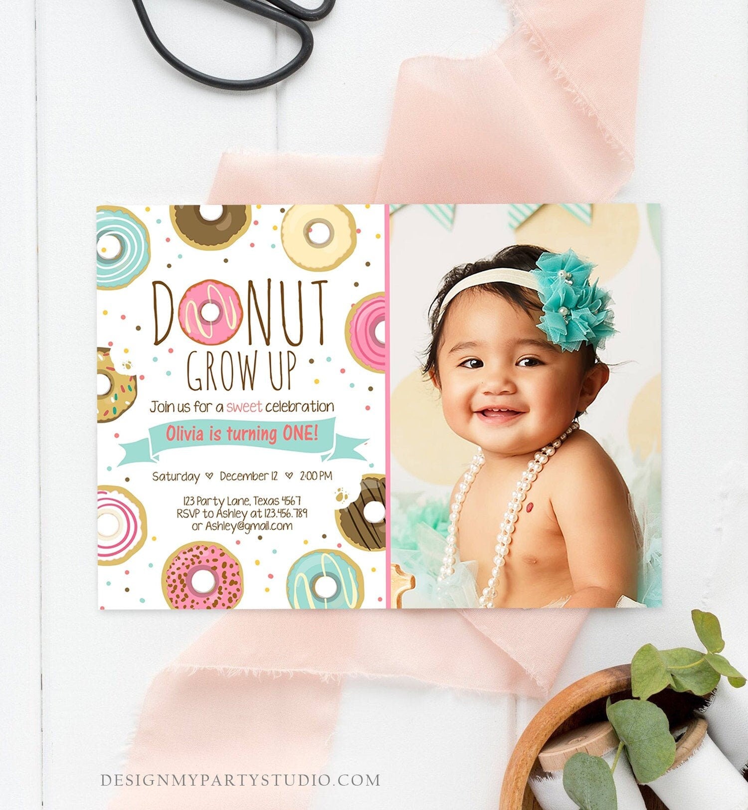 Editable Donut Grow Up Birthday Invitation First Birthday Party Pink Girl Two Sweet One Digital Download Printable Template Evite 0050