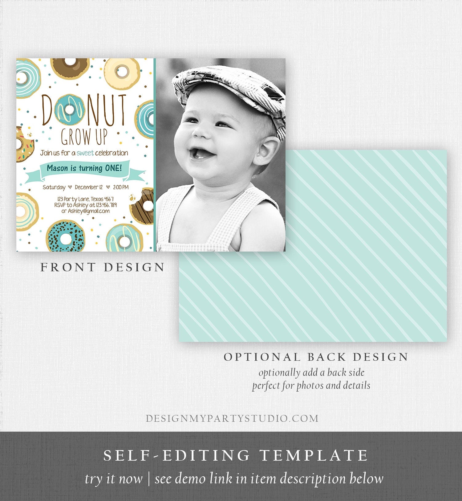 Editable Donut Grow Up Birthday Invitation First Birthday Party Blue Boy Doughnut 1st Pastel Photo Download Printable Template Corjl 0050