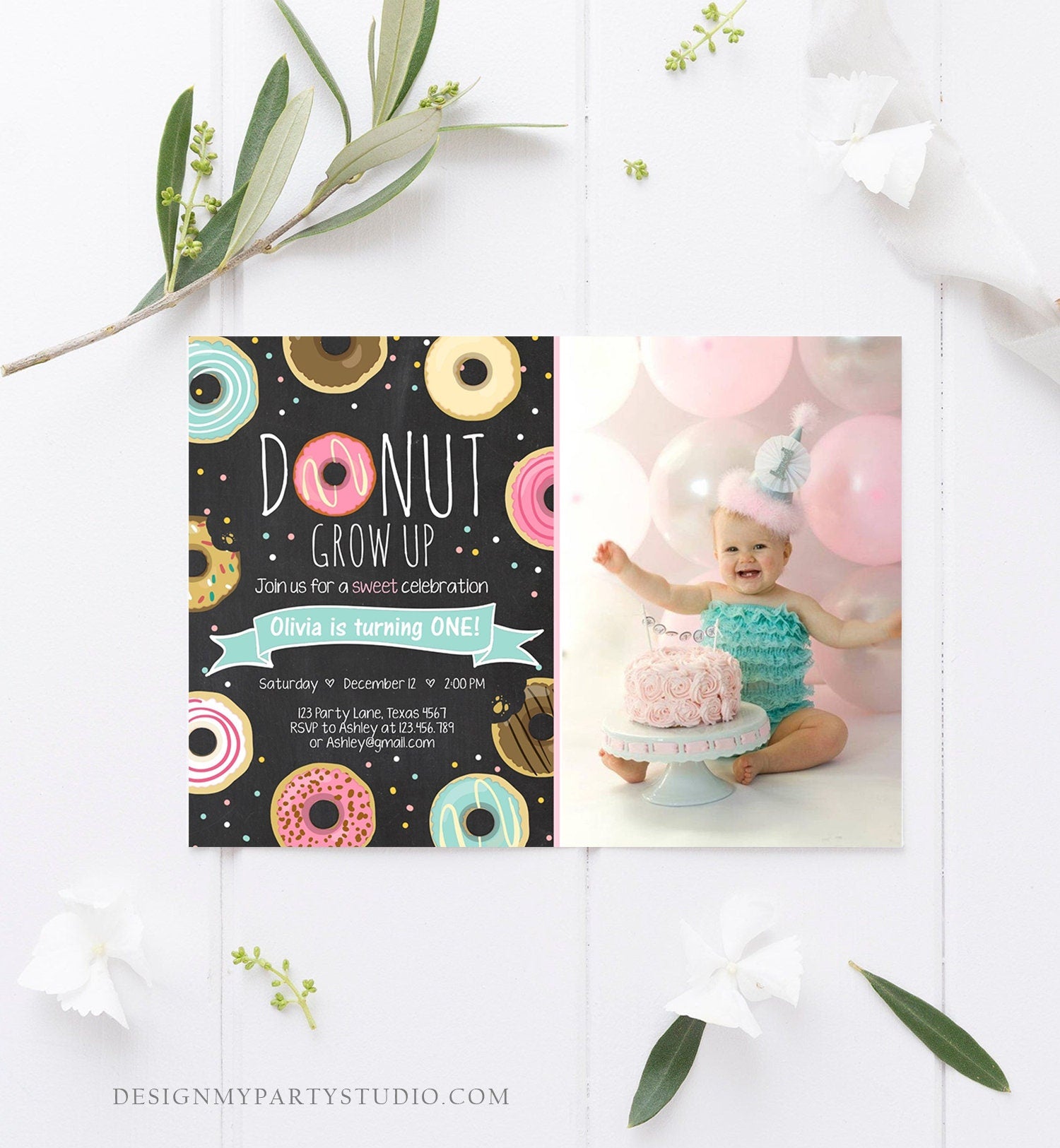 Editable Donut Grow Up Birthday Invitation First Birthday Party Pink Girl Doughnut Chalk Digital Download Printable Template Corjl 0050