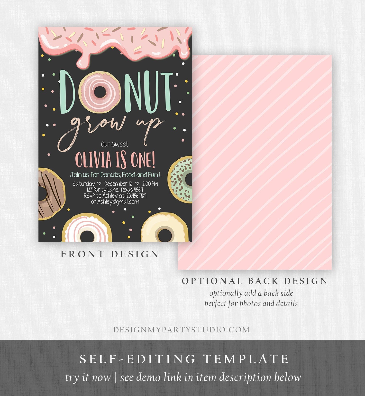 Editable Donut Grow Up Birthday Invitation First Birthday Party Pink Girl Doughnut Chalk Digital Download Printable Template Corjl 0320